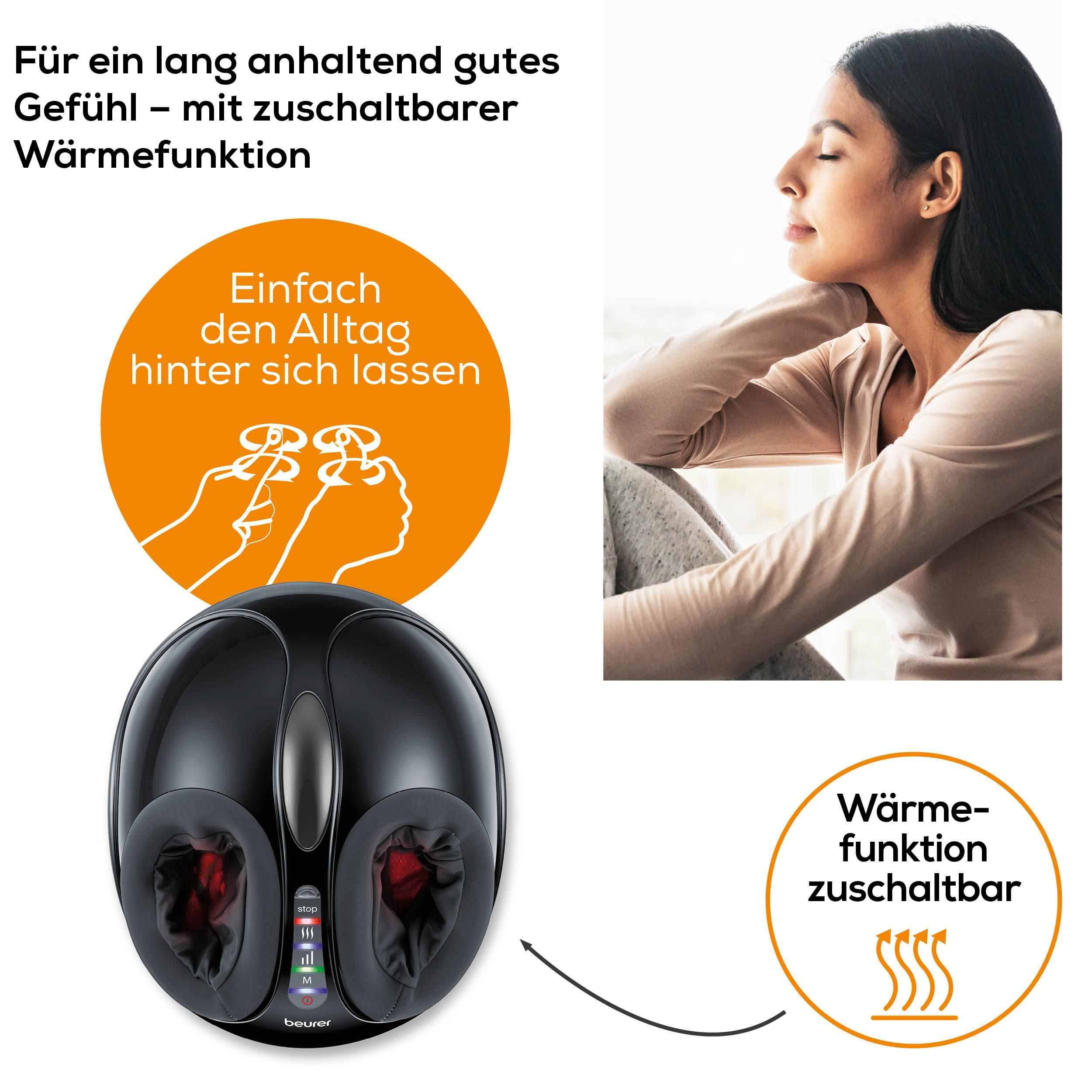 Ein Fußmassagegerät mit Wärmefunktion und eine Frau, die entspannt.