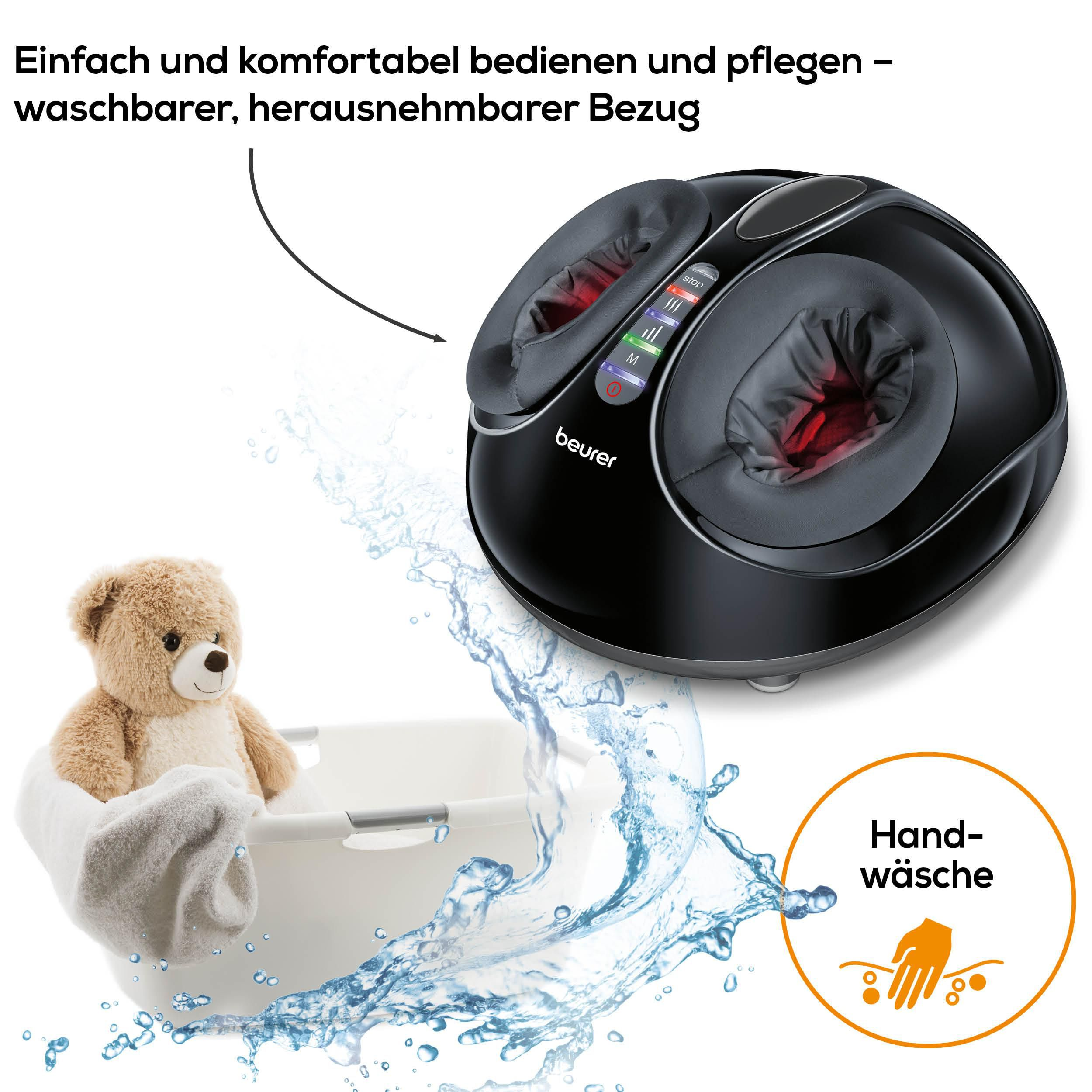 Schwarzer Fußmassagegerät mit Teddybär, weißer Schüssel und Wasserspritzern.