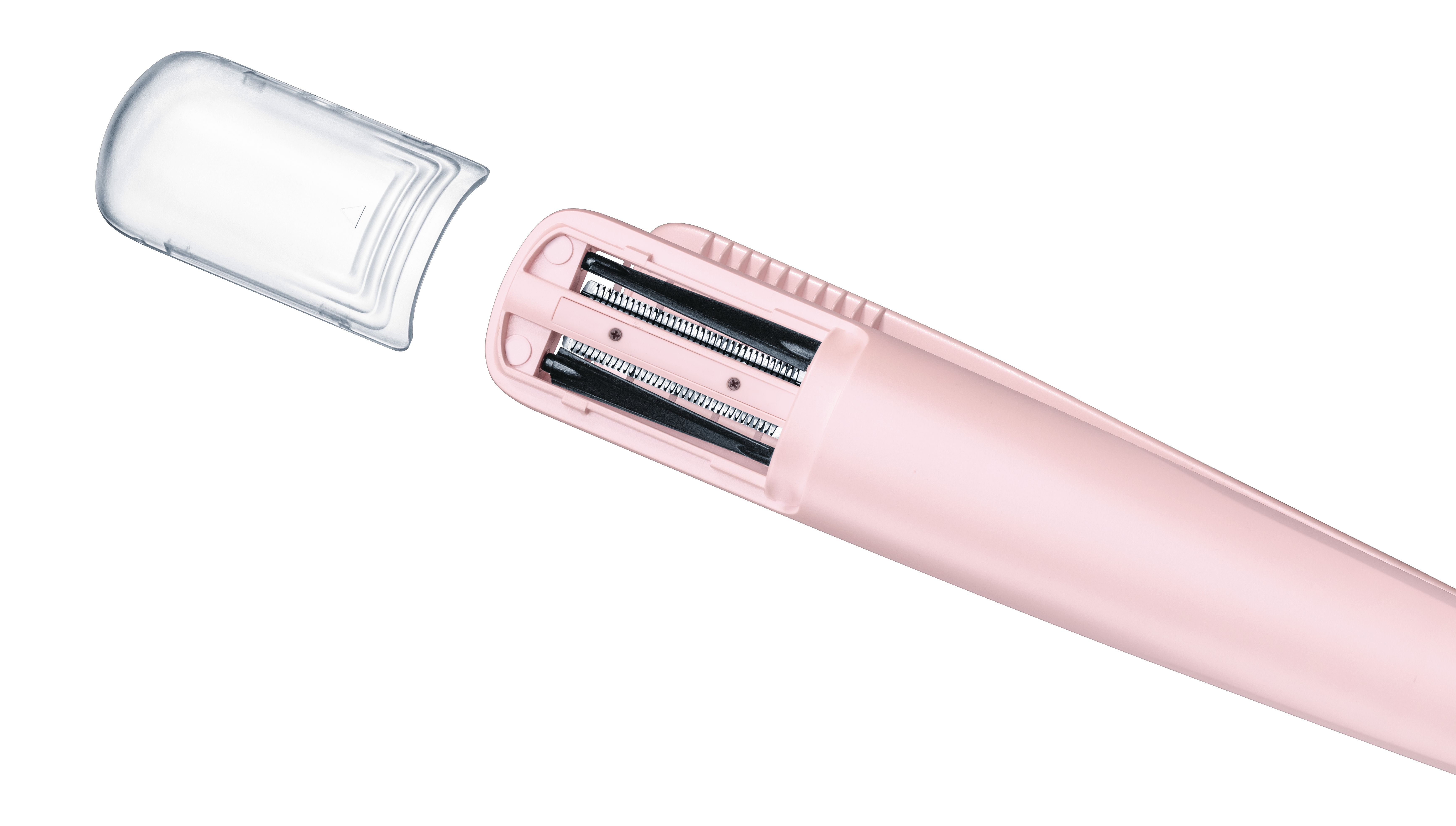Ein rosa Trimmer mit freiliegenden Klingen und einer transparenten Kappe daneben.