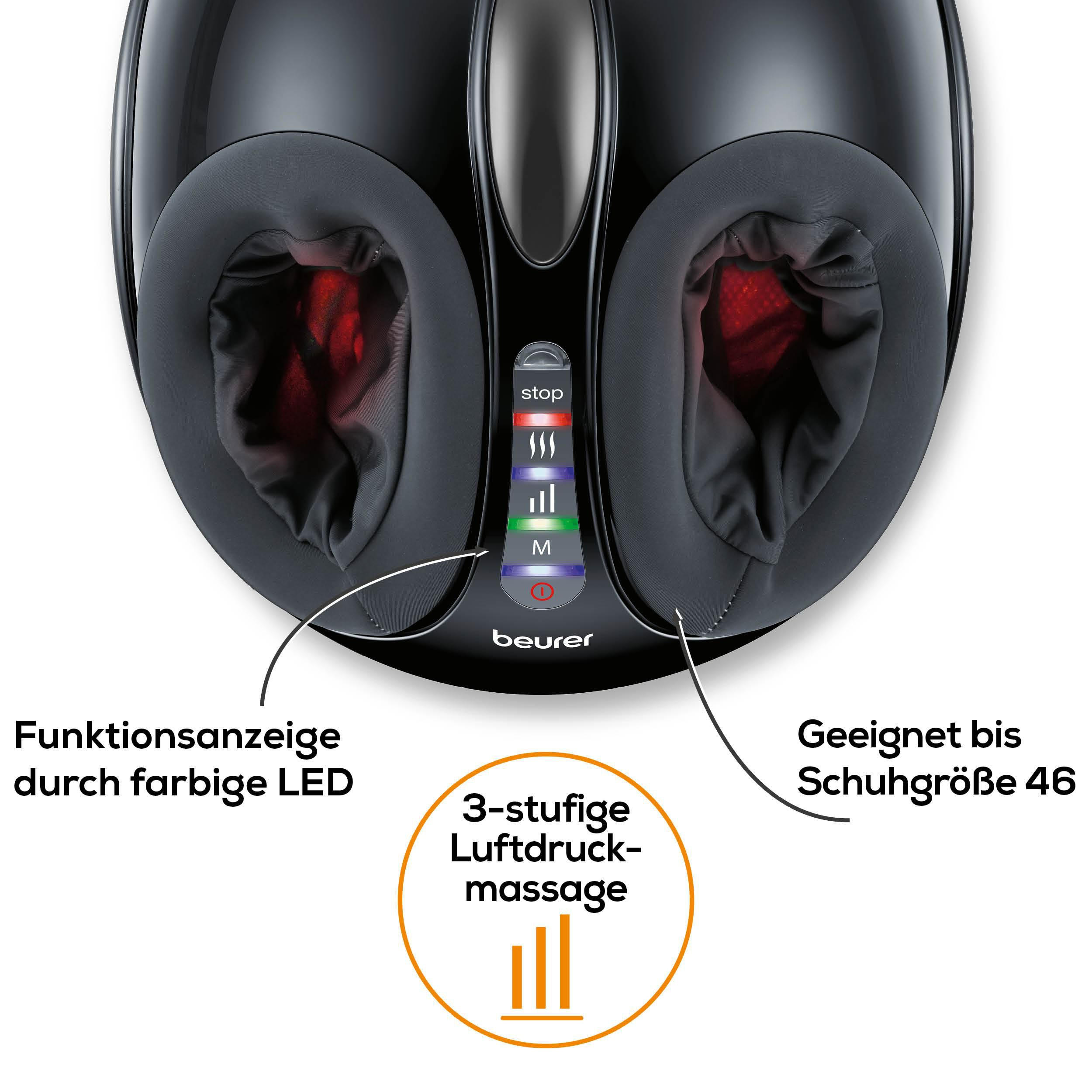 Schwarzes Fußmassagegerät mit Bedienelementen und Beleuchtung.