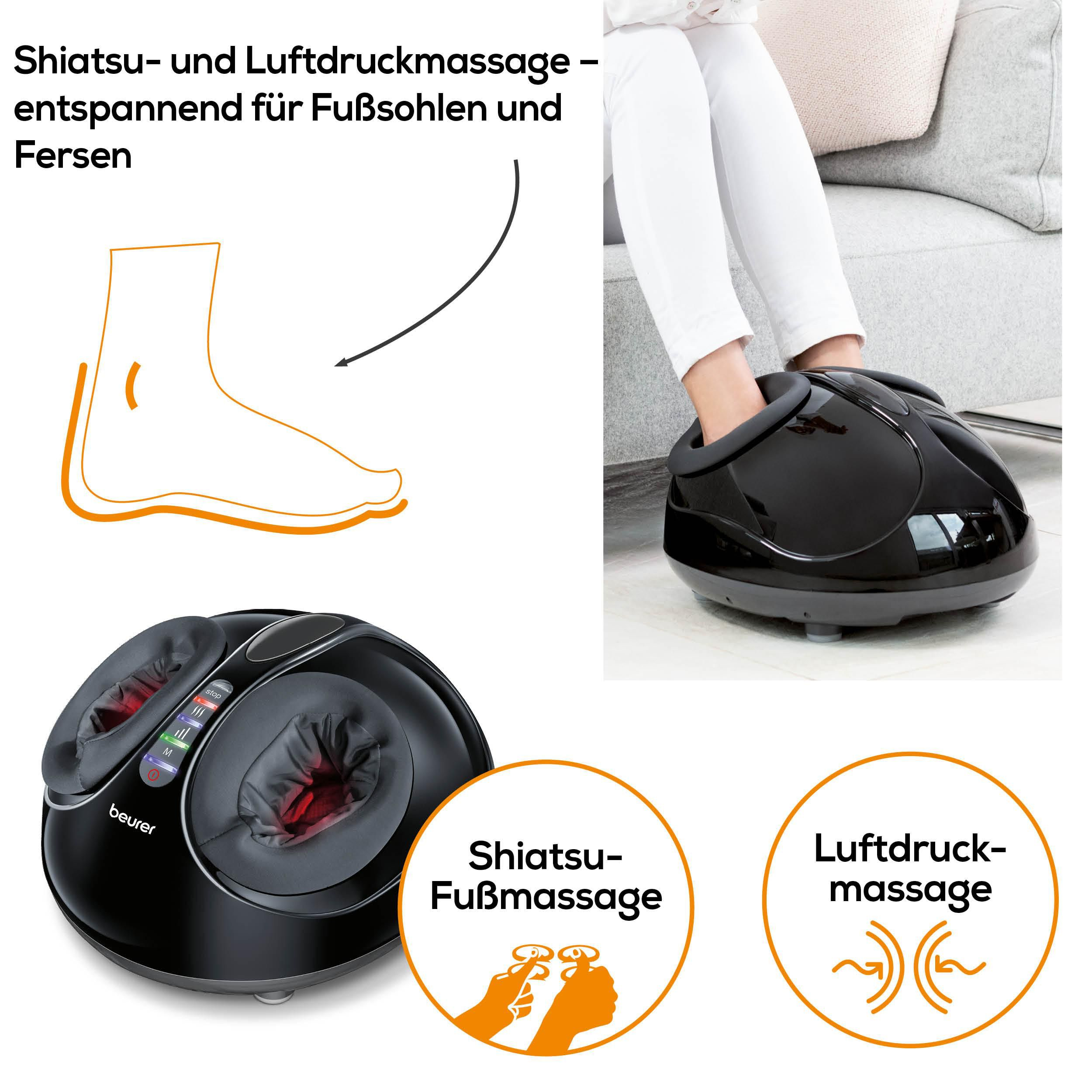 Schwarzer Fußmassagegerät mit roten Lichtern, Person benutzt es.