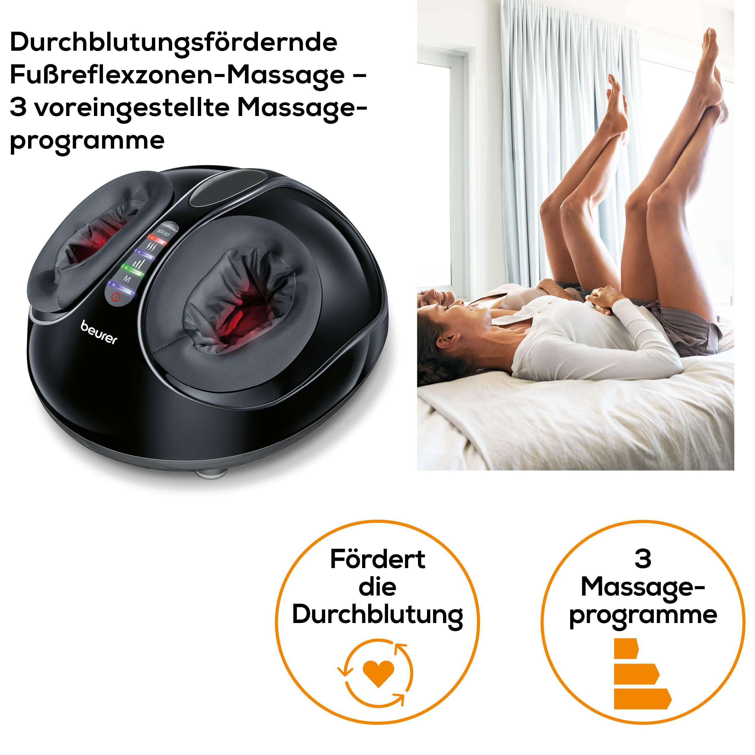 Schwarzer Fußmassagegerät mit leuchtend rotem Inneren. Zwei Frauen liegen auf Bett.