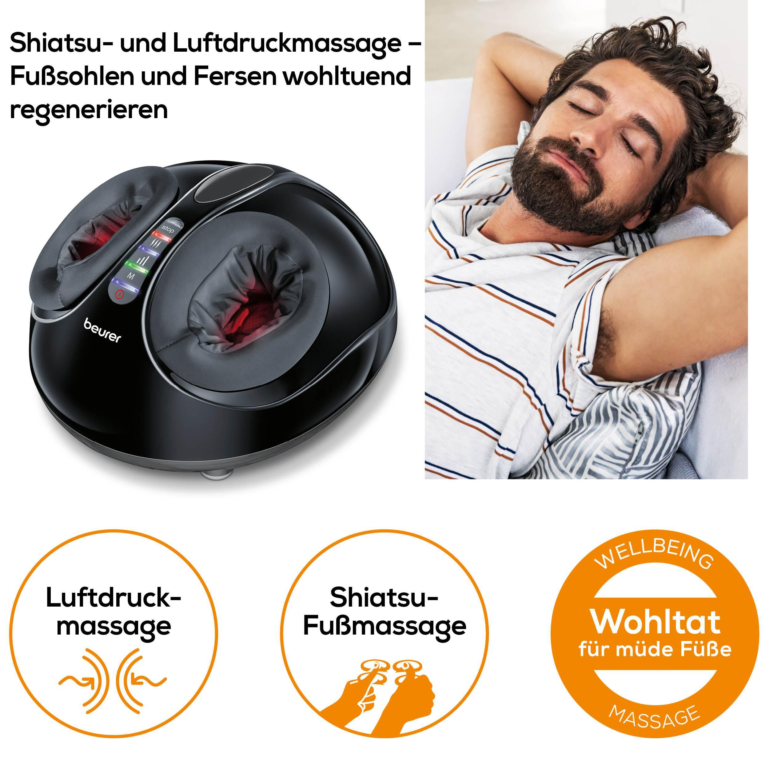 Ein schwarzes Fußmassagegerät neben einem Mann, der entspannt.