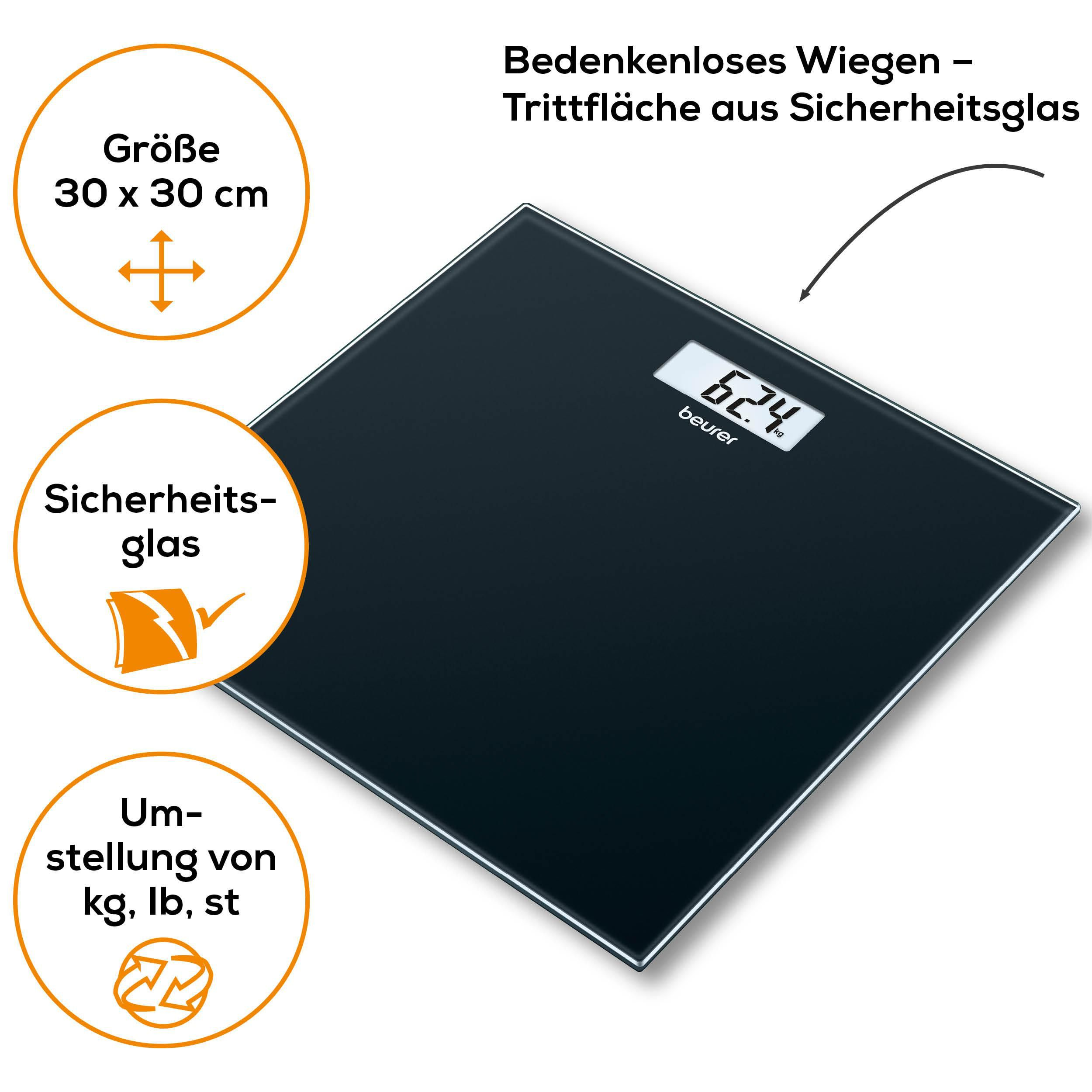 Schwarze Glaswaage mit digitaler Anzeige von 62,4 kg von Beurer.