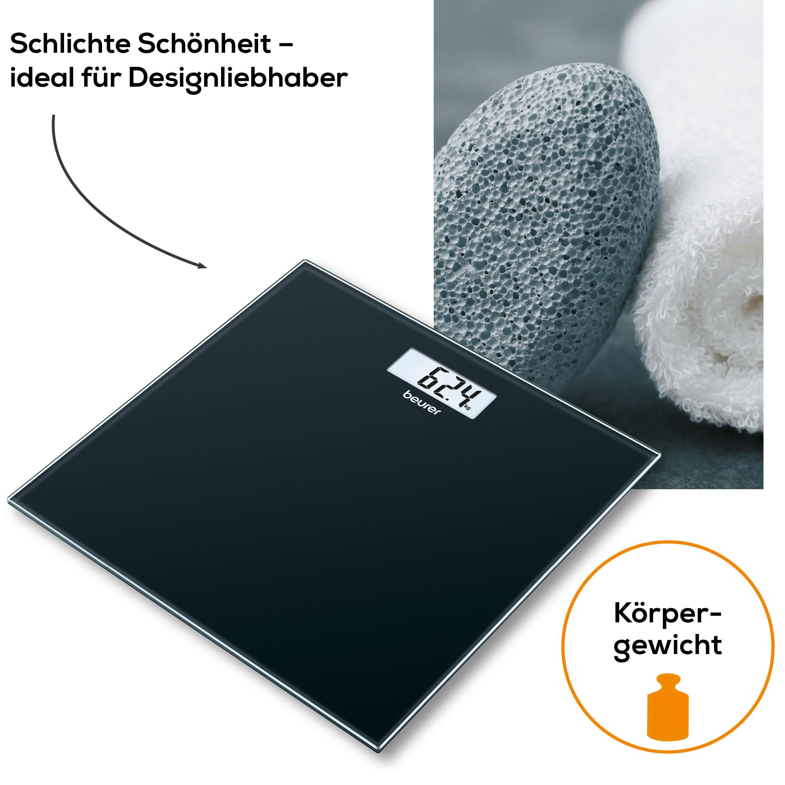 Schwarze Glaswaage mit digitaler Anzeige von 62.4kg.