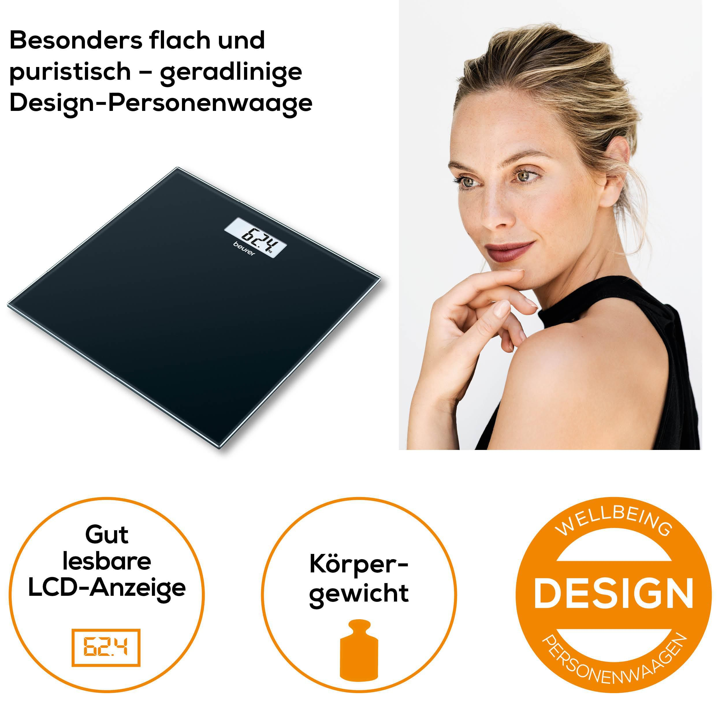 Schlanke schwarze Personenwaage mit Frau und Produktmerkmalen.