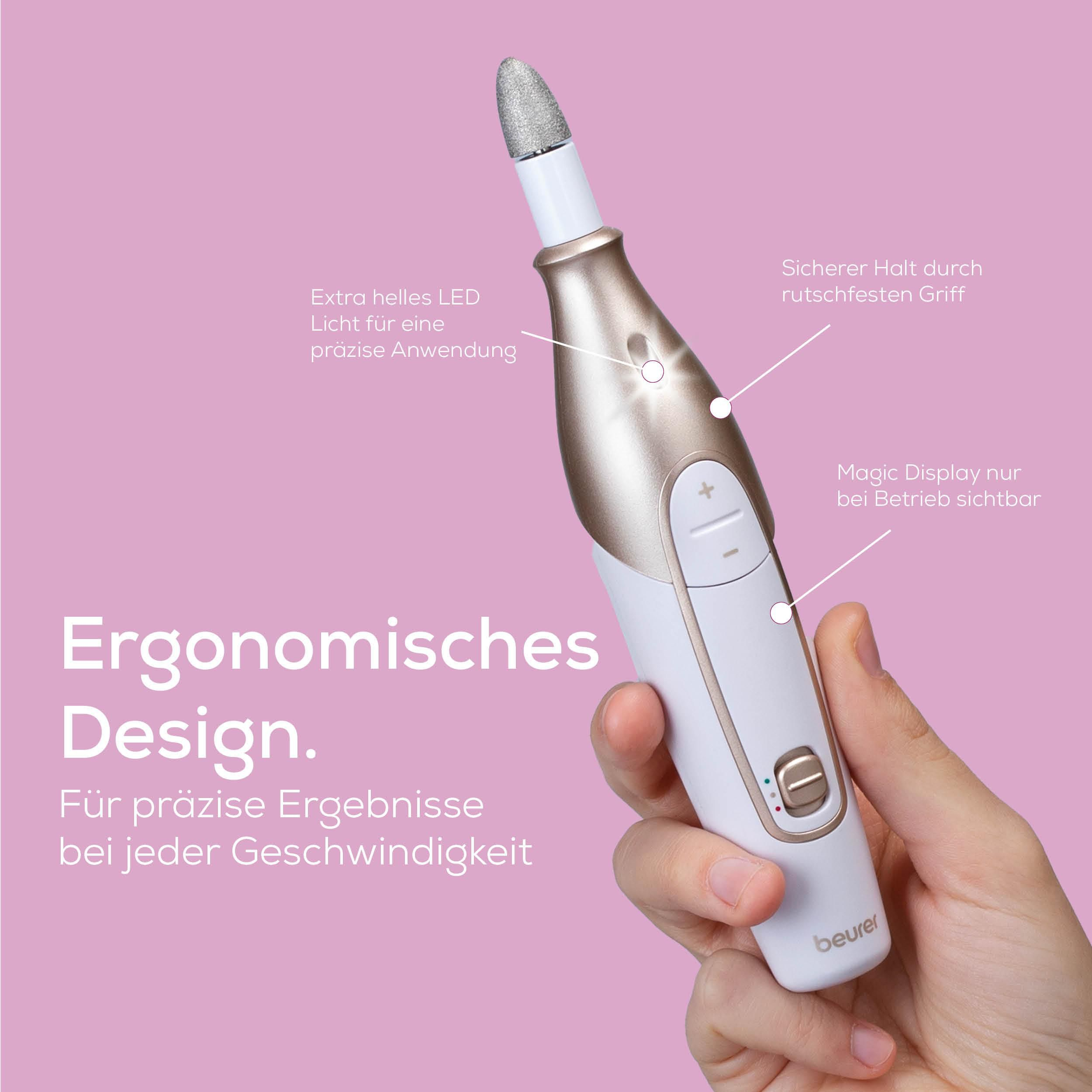 Ein weiß-goldenes Maniküregerät mit LED-Licht, gehalten in einer Hand. Ergonomisches Design.