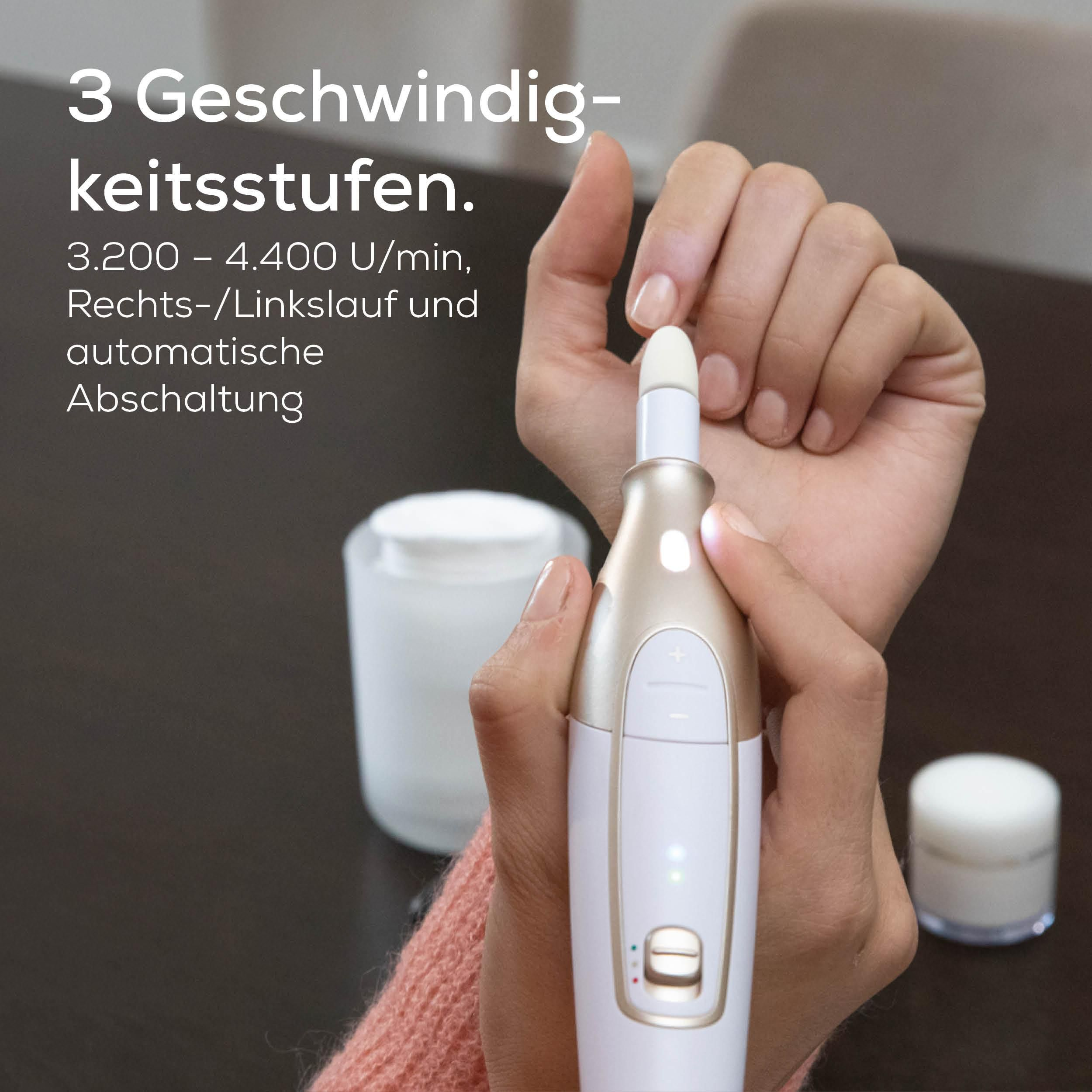Eine Hand hält ein Maniküregerät mit 3 Geschwindigkeitsstufen.