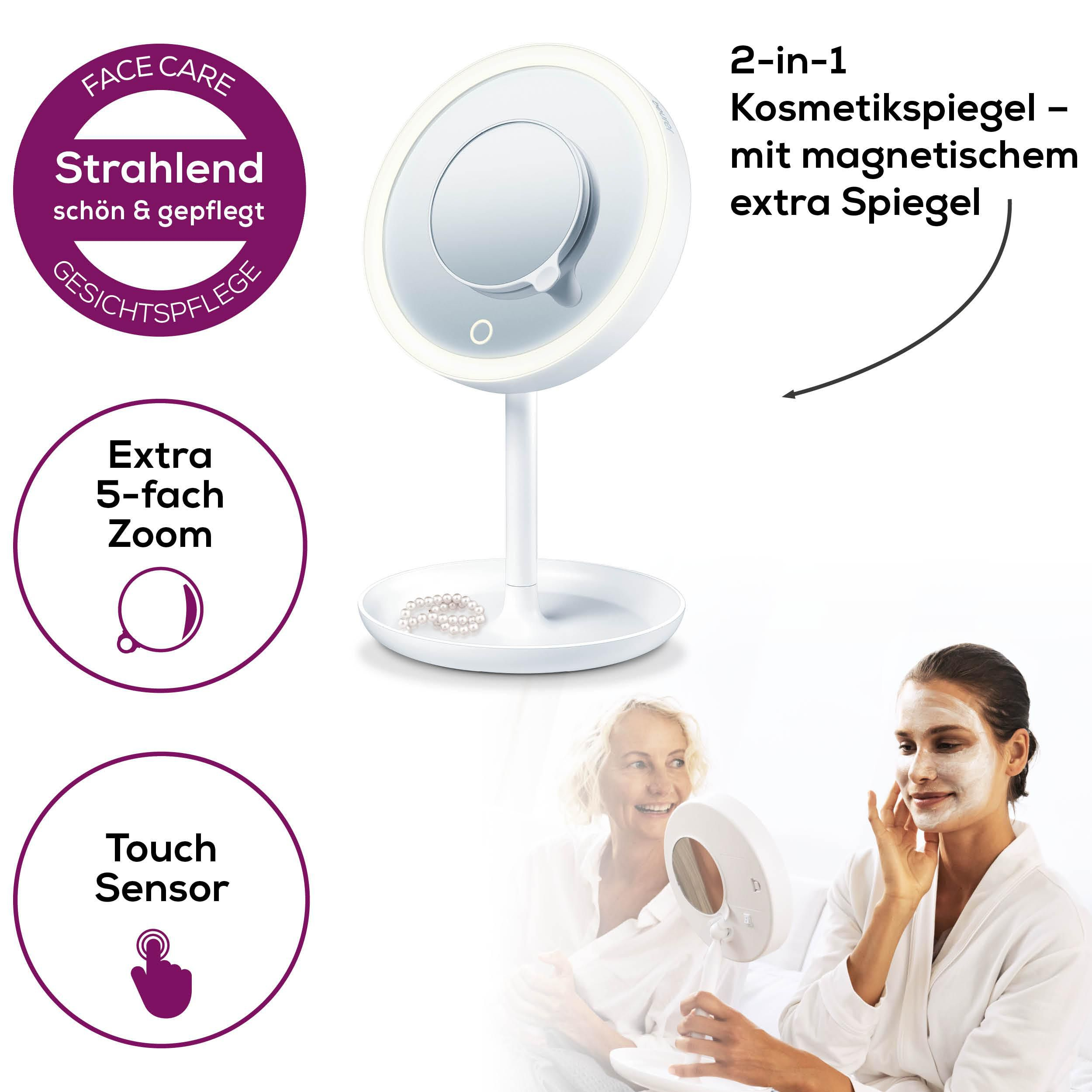 Ein Kosmetikspiegel mit LED-Beleuchtung und Zubehör.
