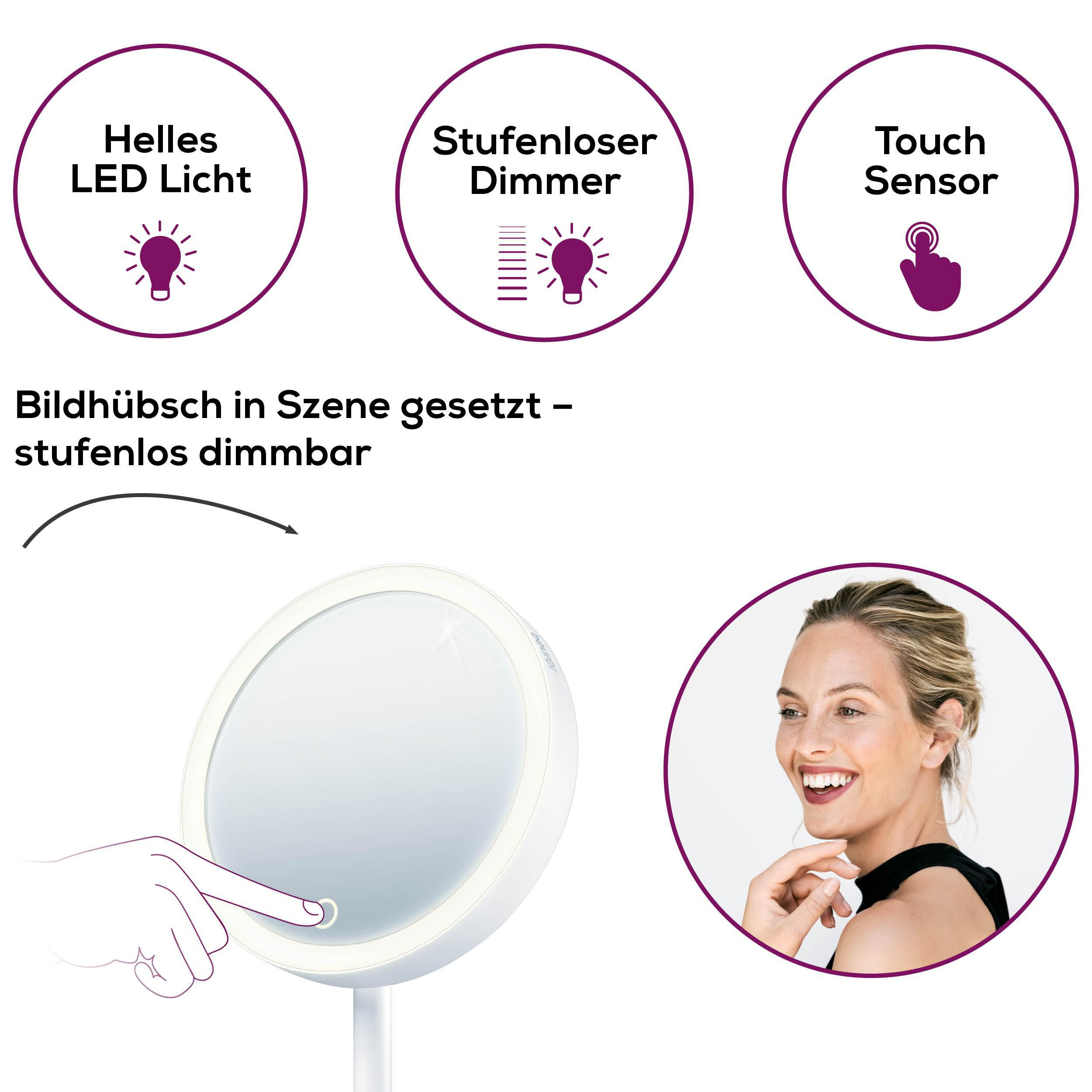 Ein beleuchteter Spiegel mit Touch-Sensor und stufenlosem Dimmer wird gezeigt.