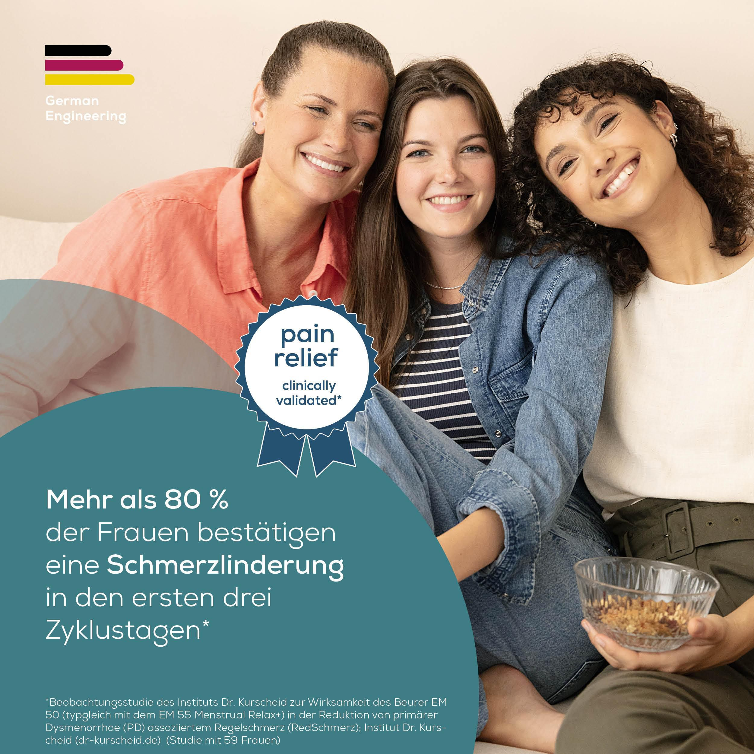 Drei lächelnde Frauen mit deutschem Ingenieurslogo und Text über Schmerzlinderung.