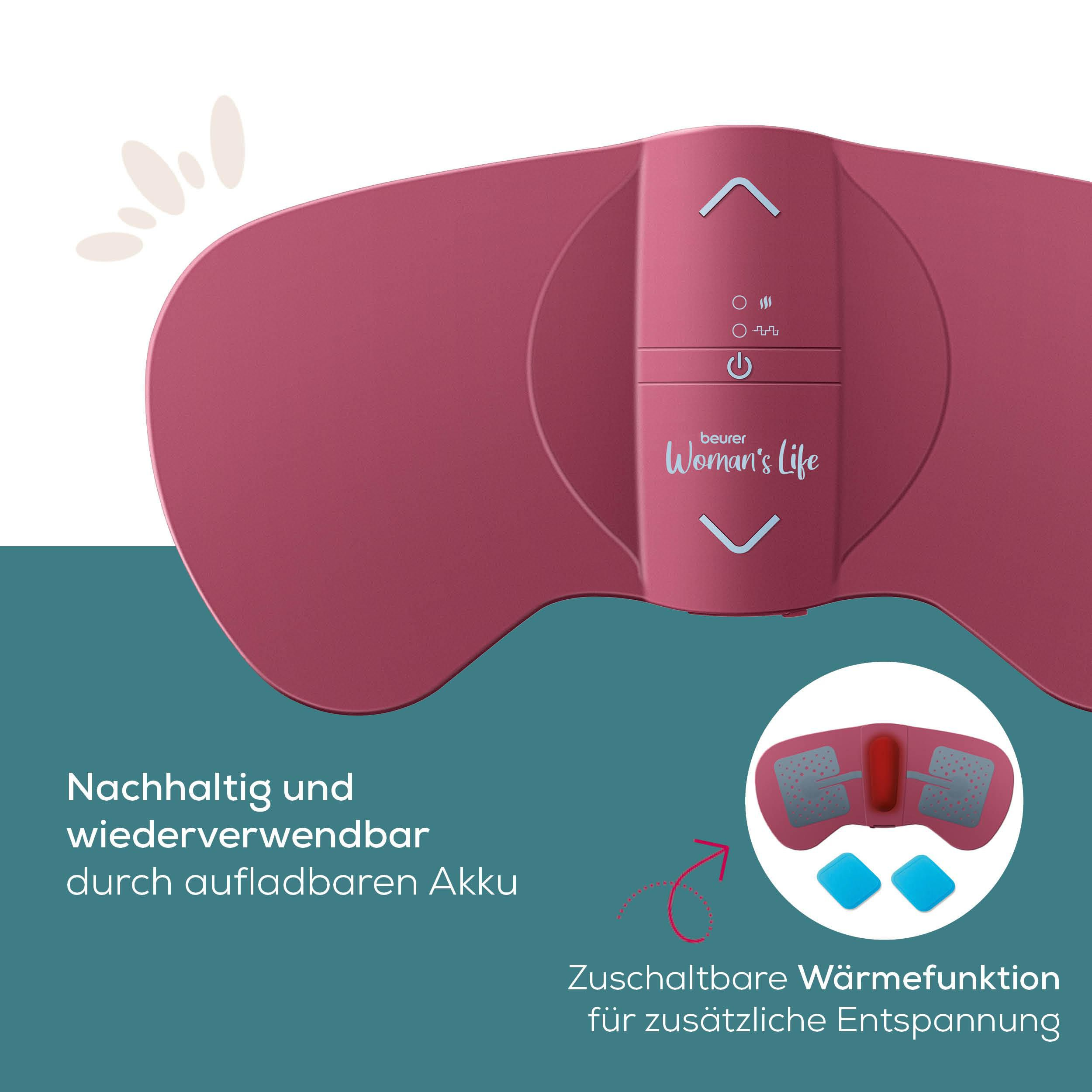 Ein pinkes EMS-Gerät mit Bedienelementen und Text. Zwei blaue Pads liegen daneben.