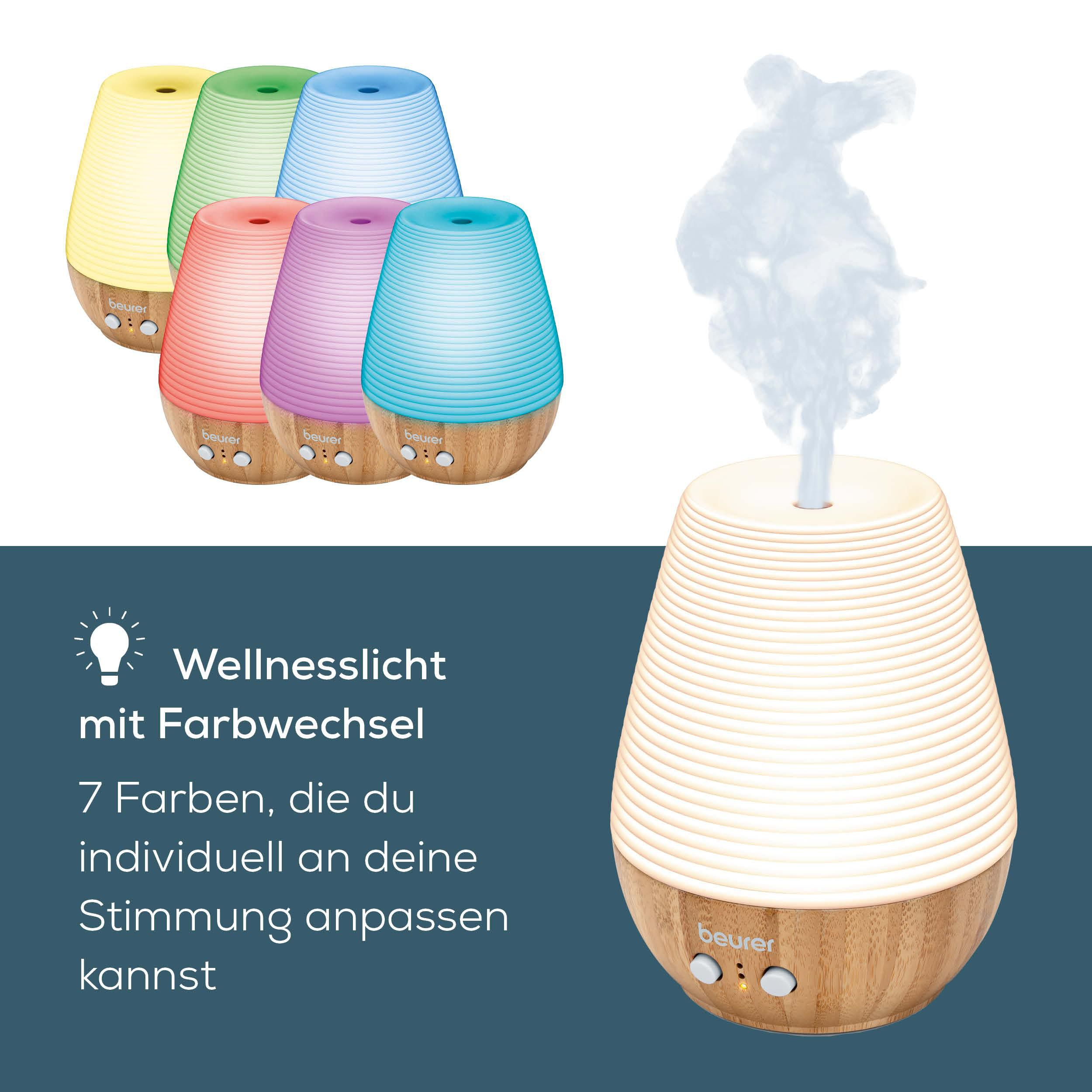 Mehrere Aromadiffusoren in verschiedenen Farben leuchten.