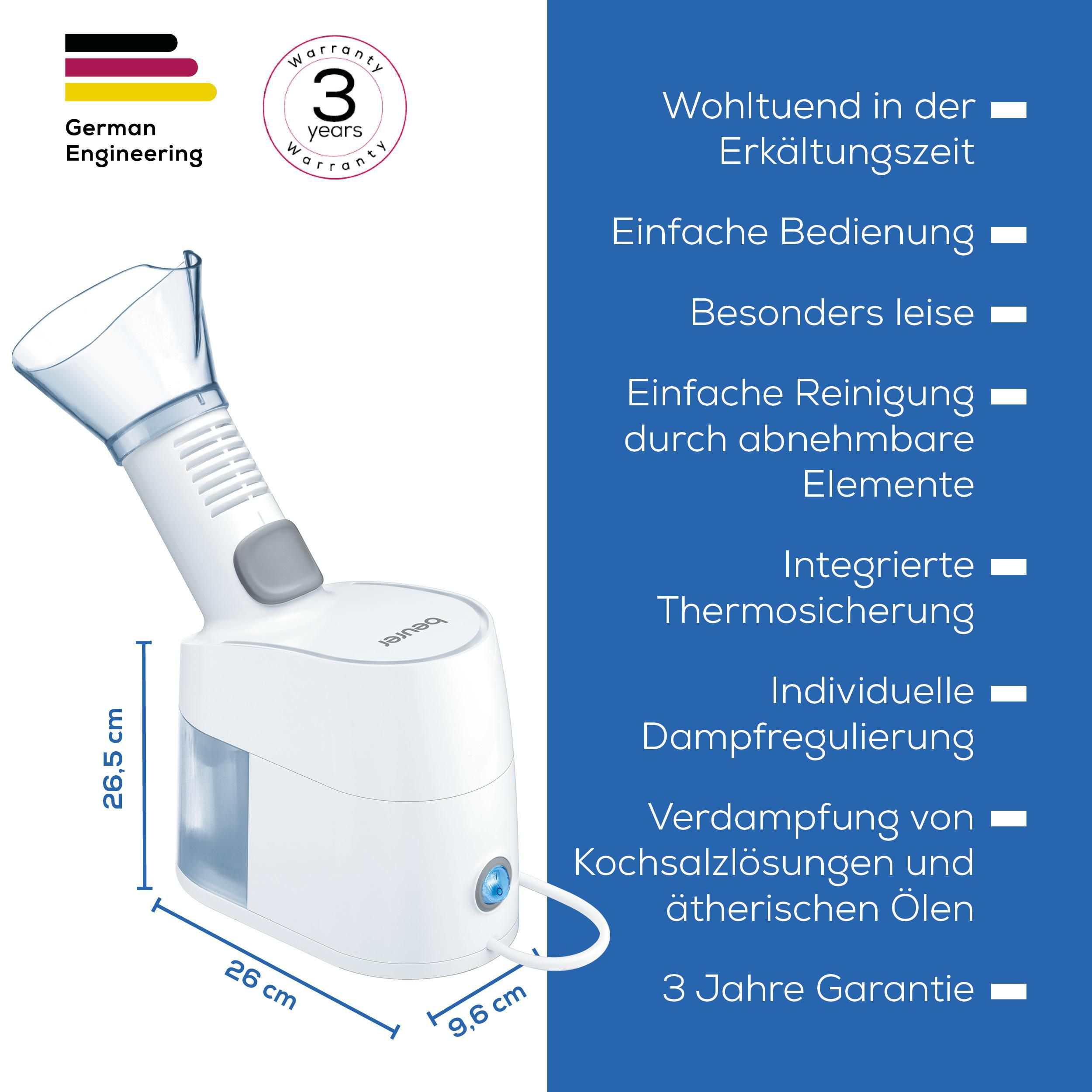 Ein weißer Inhalator mit deutschen Schriftzügen und Maßen.