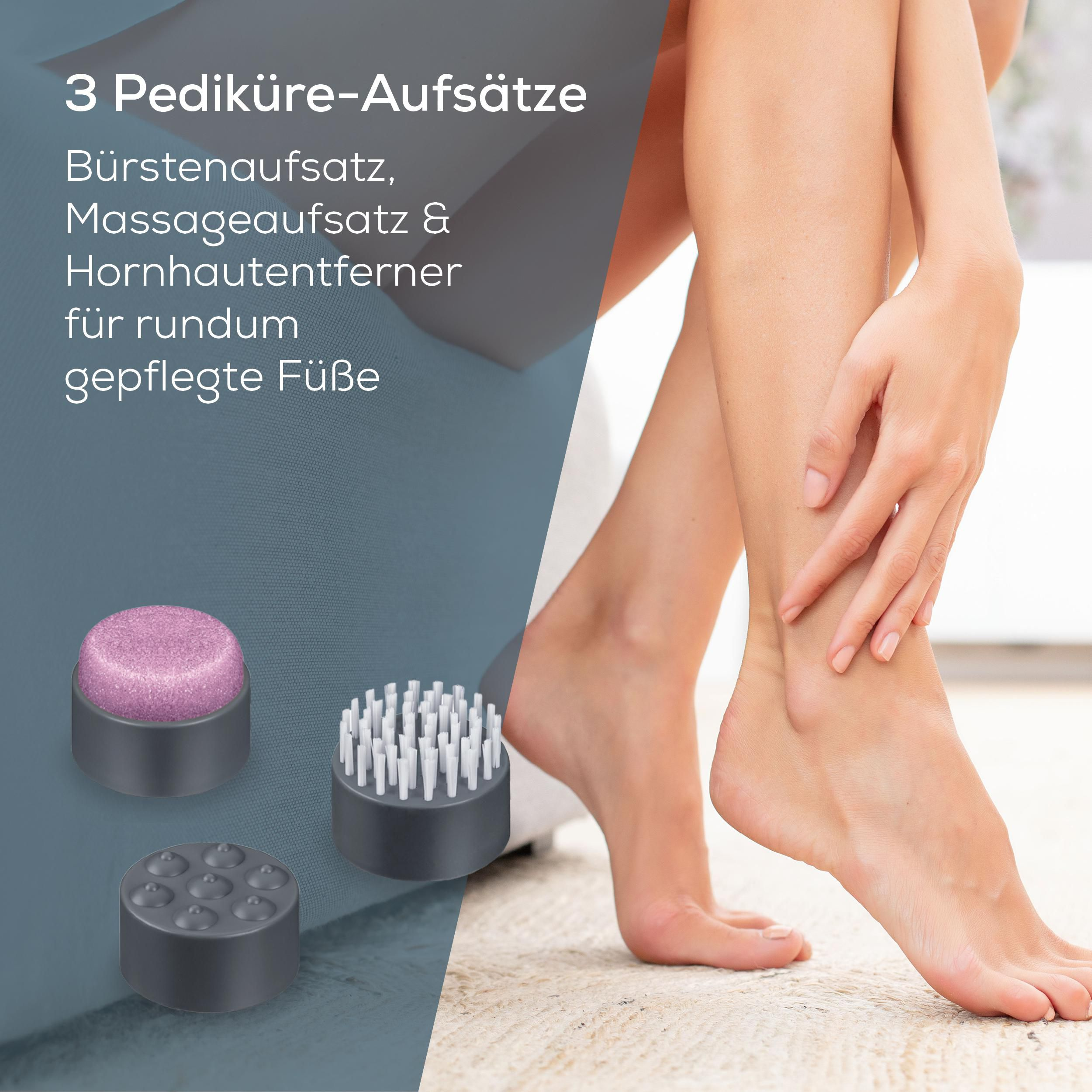 Drei Pediküre-Aufsätze: Bürsten-, Massage- und Hornhautentferner-Aufsatz.