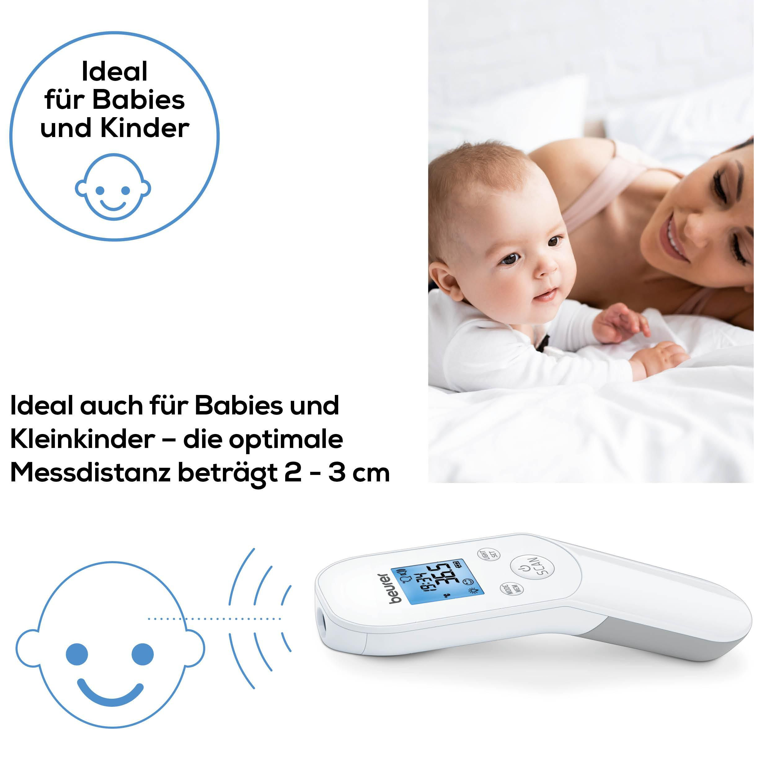 Ein digitales Thermometer liegt neben einer Mutter mit Baby. "Ideal für Babies und Kinder."