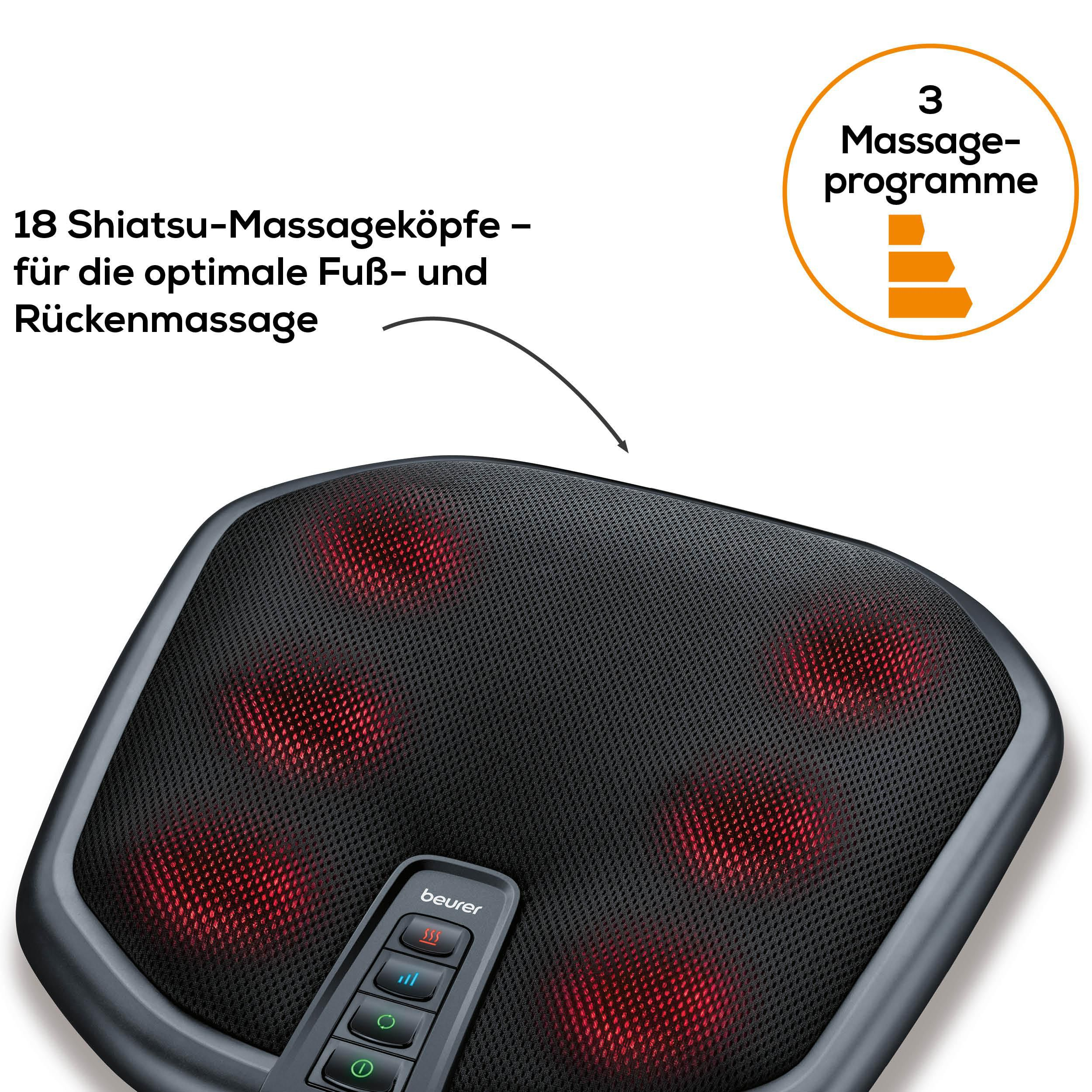 Schwarzes Massagekissen mit roten Shiatsu-Köpfen und Bedienelementen.