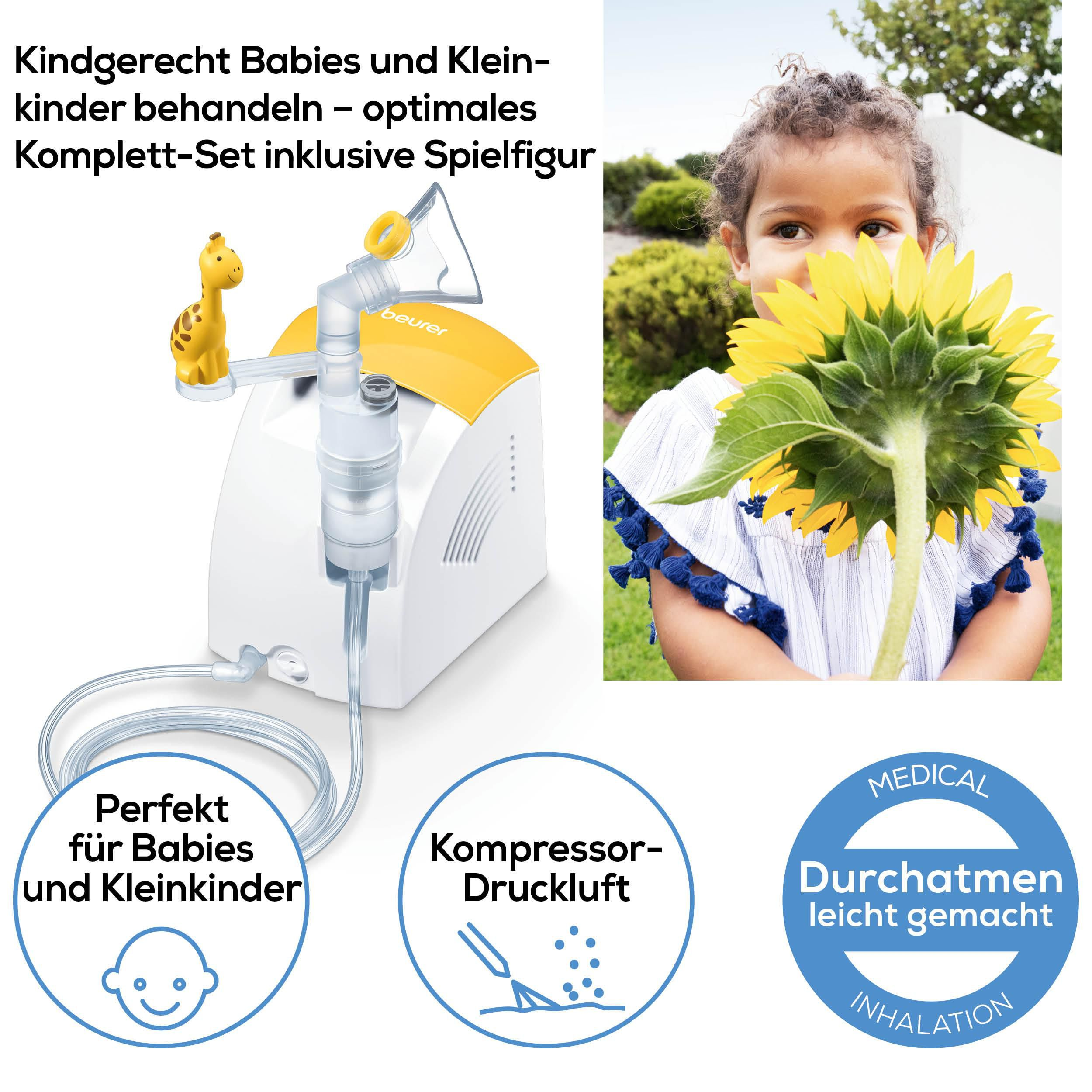 Ein Inhalator mit Giraffen-Aufsatz und ein Mädchen mit Sonnenblume.