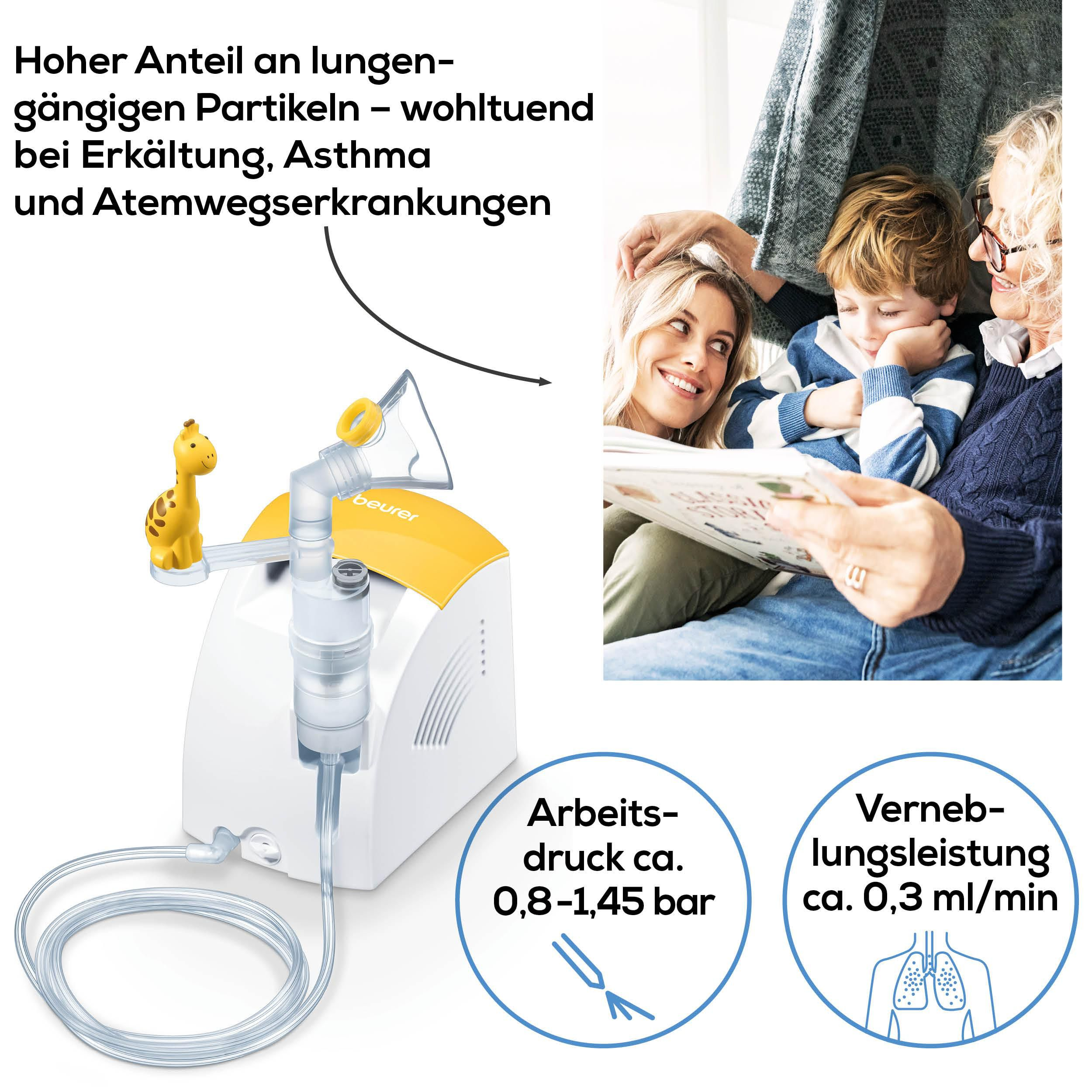 Inhalator mit Giraffendekor, Familie liest Buch. Technische Daten.