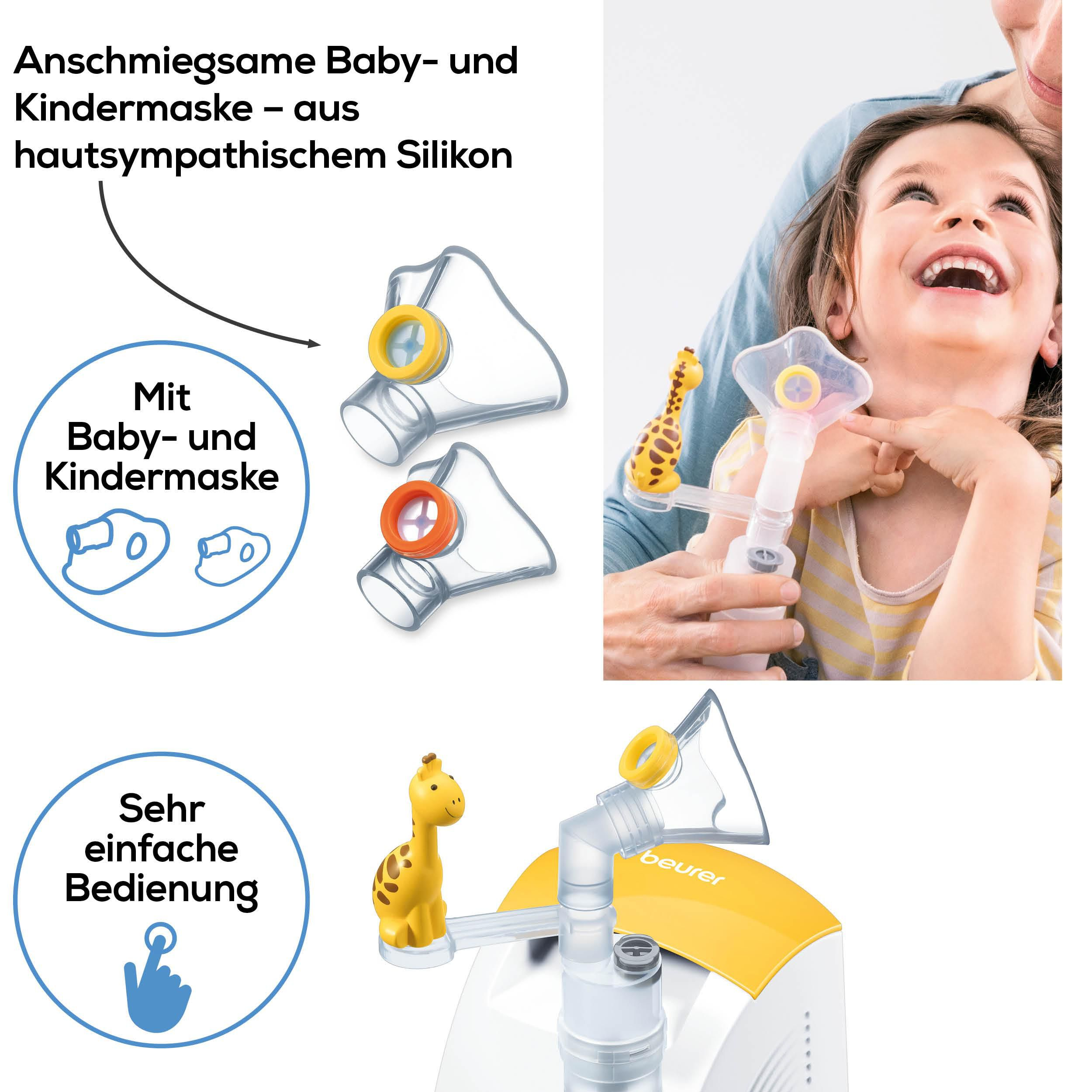 Baby- und Kindermasken aus Silikon mit Giraffenaufsatz und Beurer Inhalator.