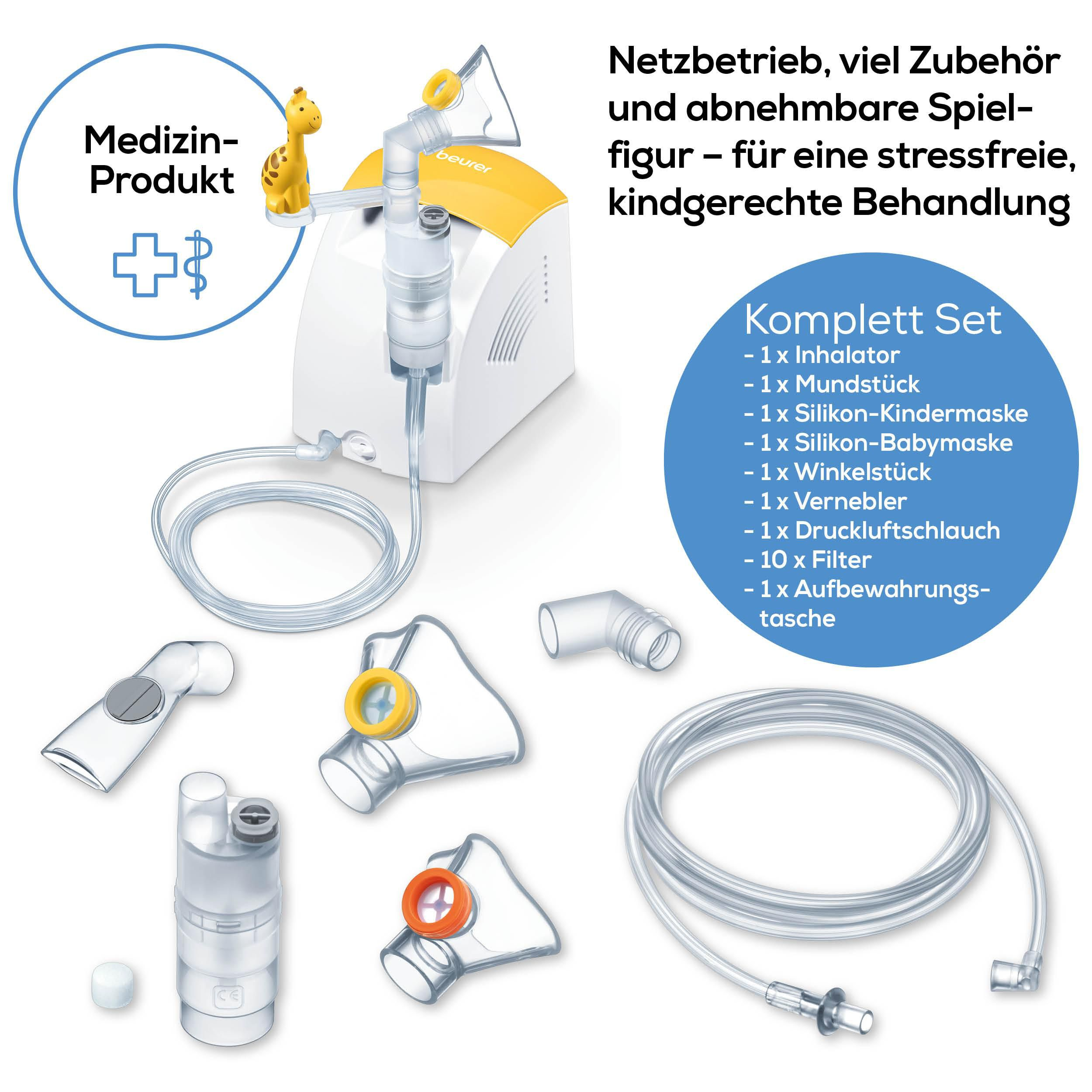 Ein weißer und gelber Inhalator mit Zubehör wie Masken und Schläuchen.