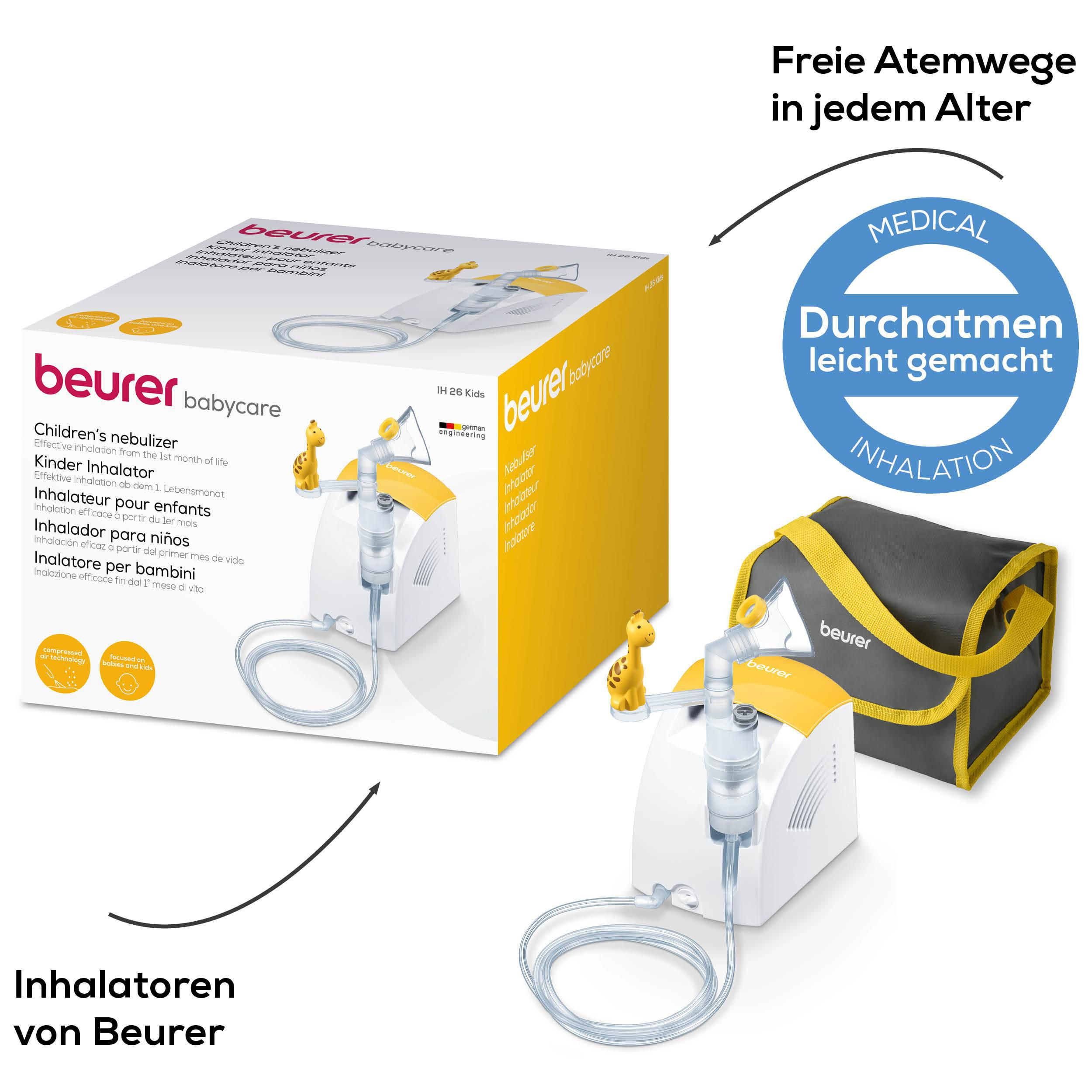 Ein weißer und gelber Beurer Babycare Kinder-Inhalator mit Zubehör und Tragetasche.