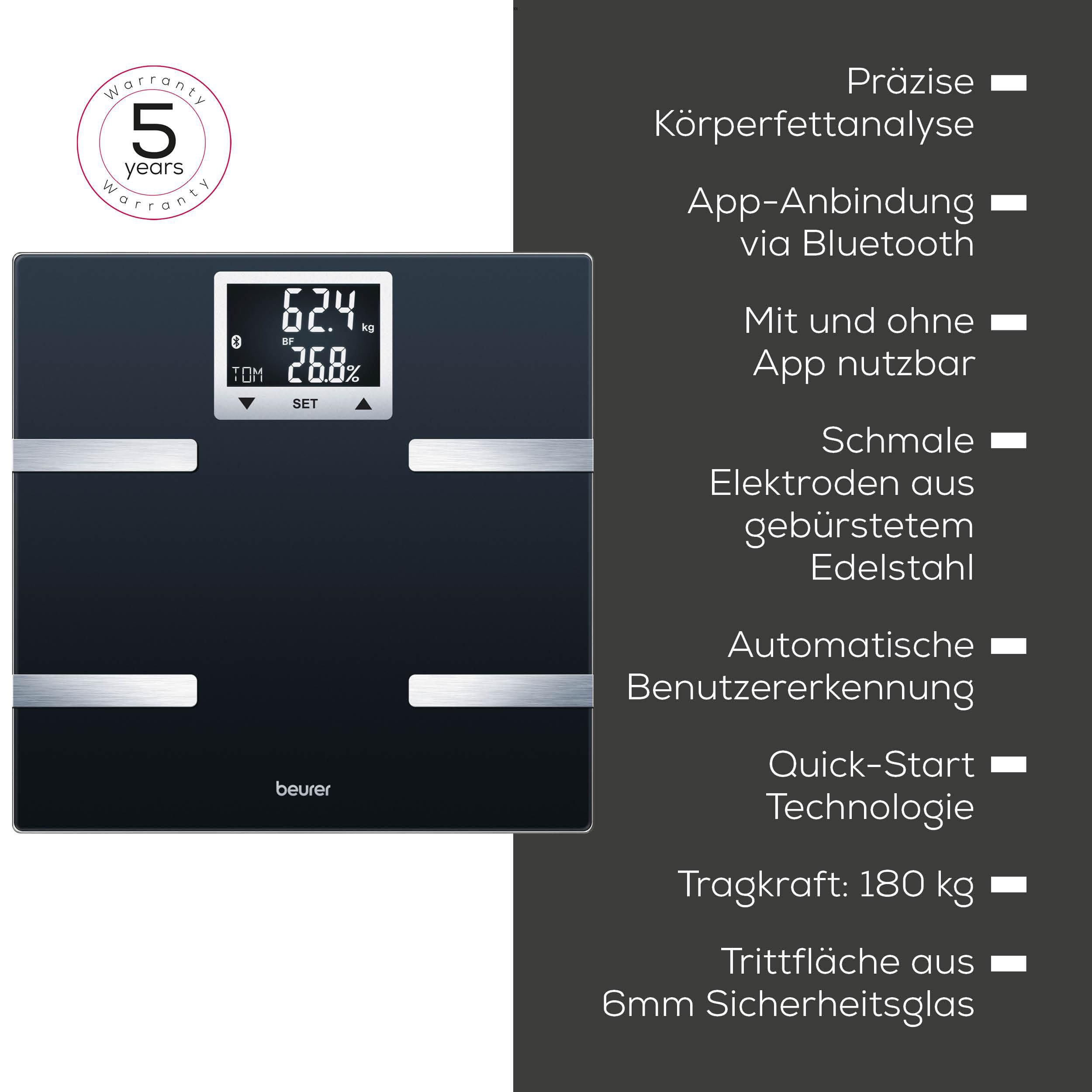 Schwarze Personenwaage mit Display zeigt 62,4 kg und 26,8% Körperfett.