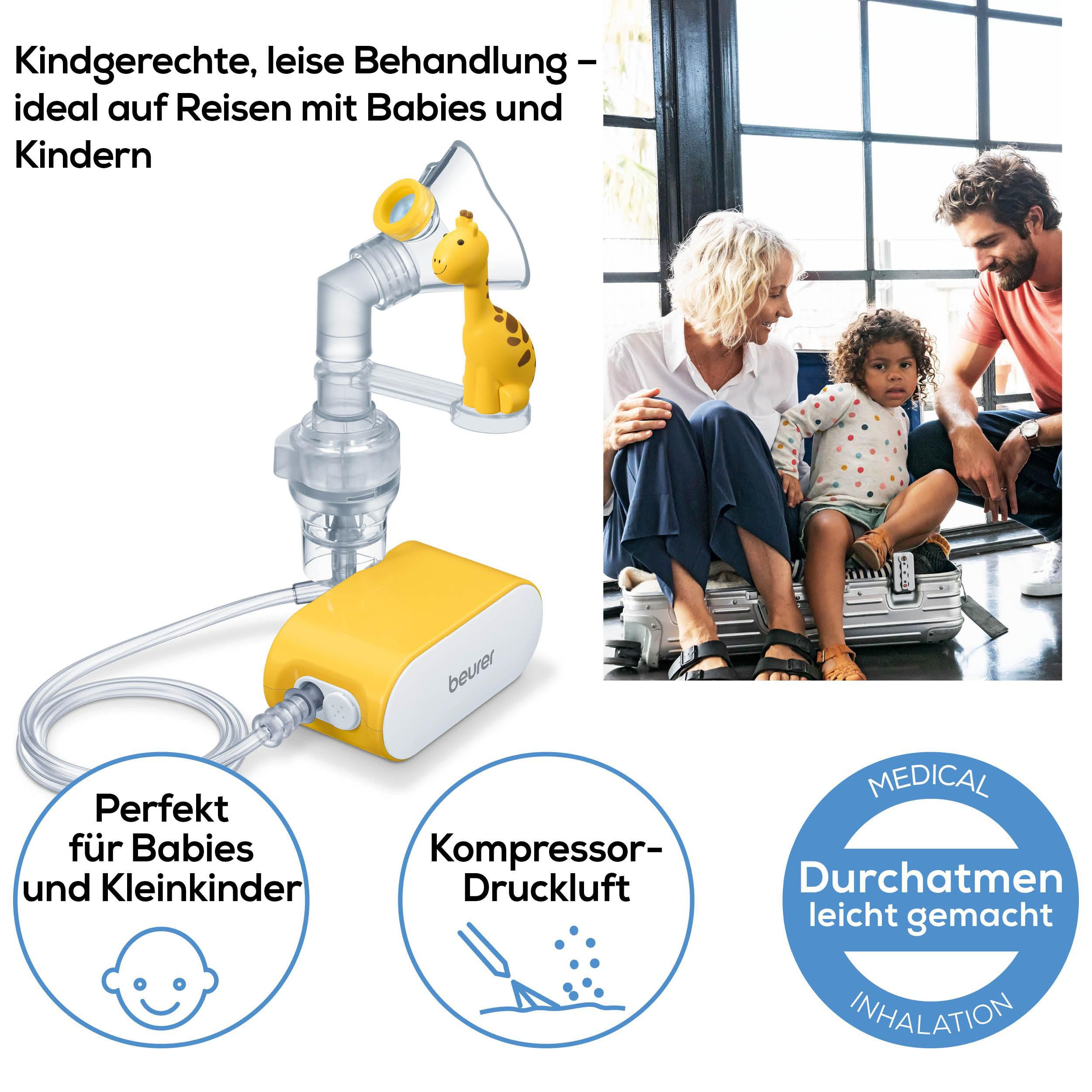 Gelber Vernebler mit Giraffenkopf und Familie im Hintergrund.