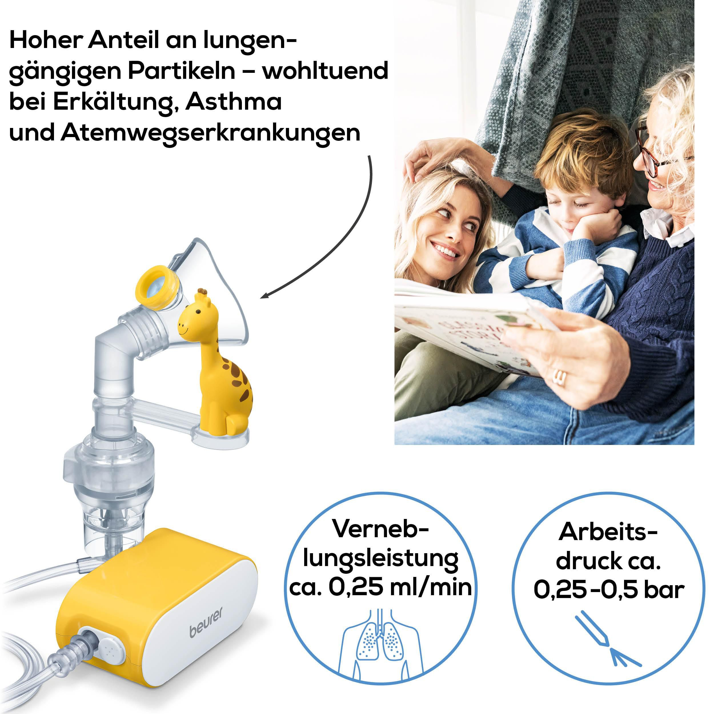 Ein gelber Vernebler mit Giraffenkopf neben einer Familie, die vorliest.