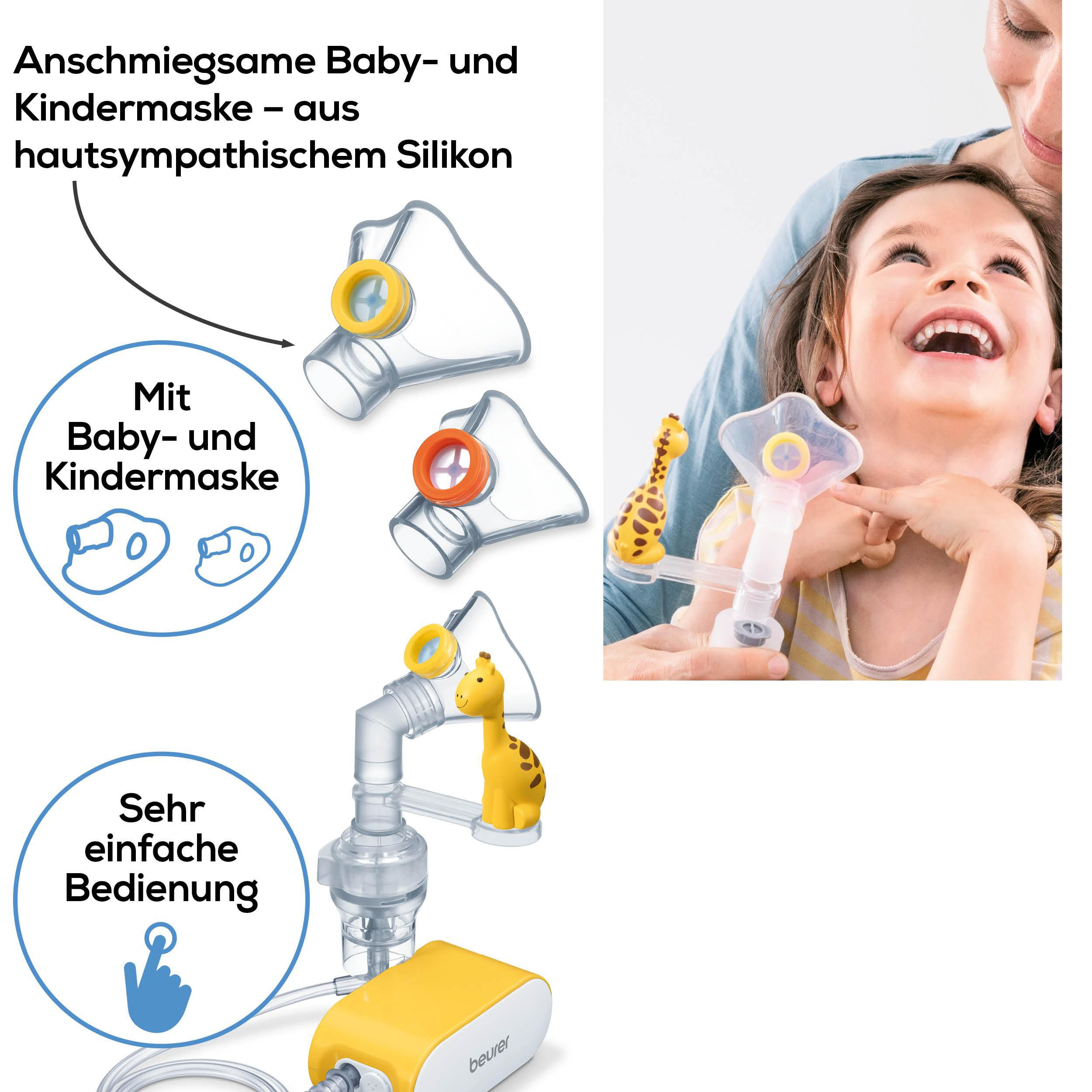 Gelber Vernebler mit Baby-/Kindermaske und Giraffendesign. Kind lacht.