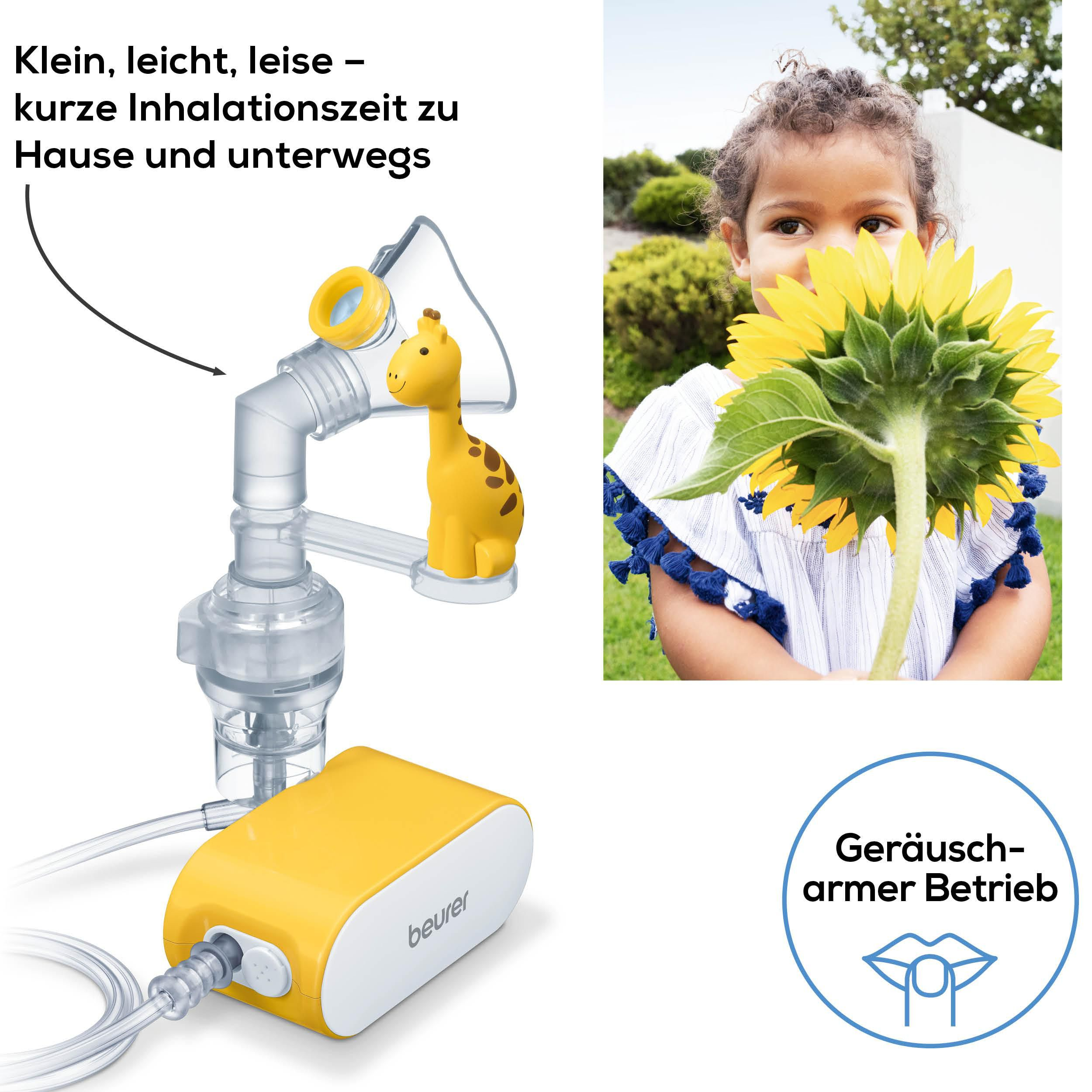 Ein Beurer Inhalator mit Giraffendesign und ein kleines Mädchen mit einer Sonnenblume.
