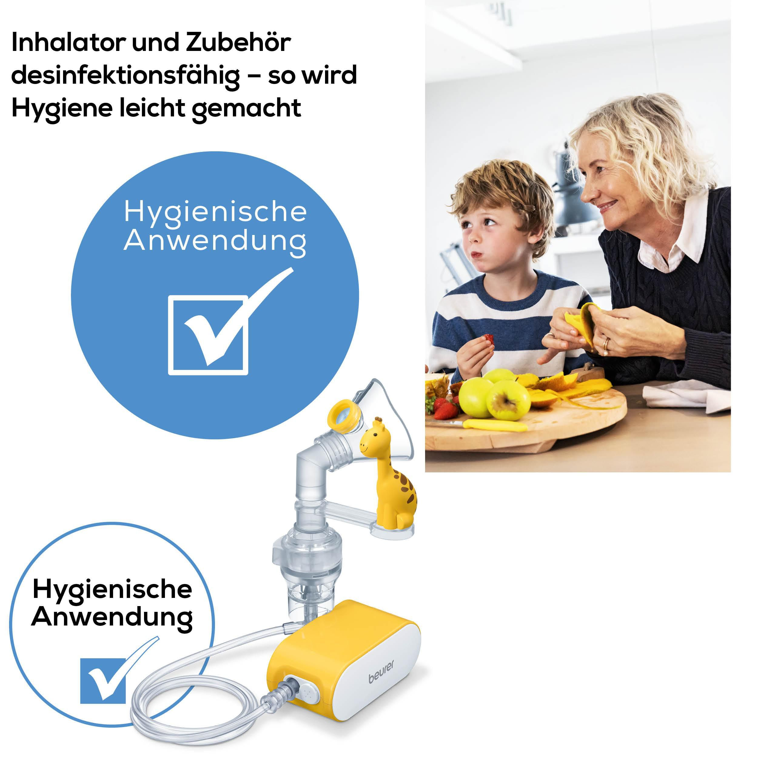 Ein gelber Vernebler mit Giraffenkopf und Zubehör, daneben eine Frau und ein Kind.