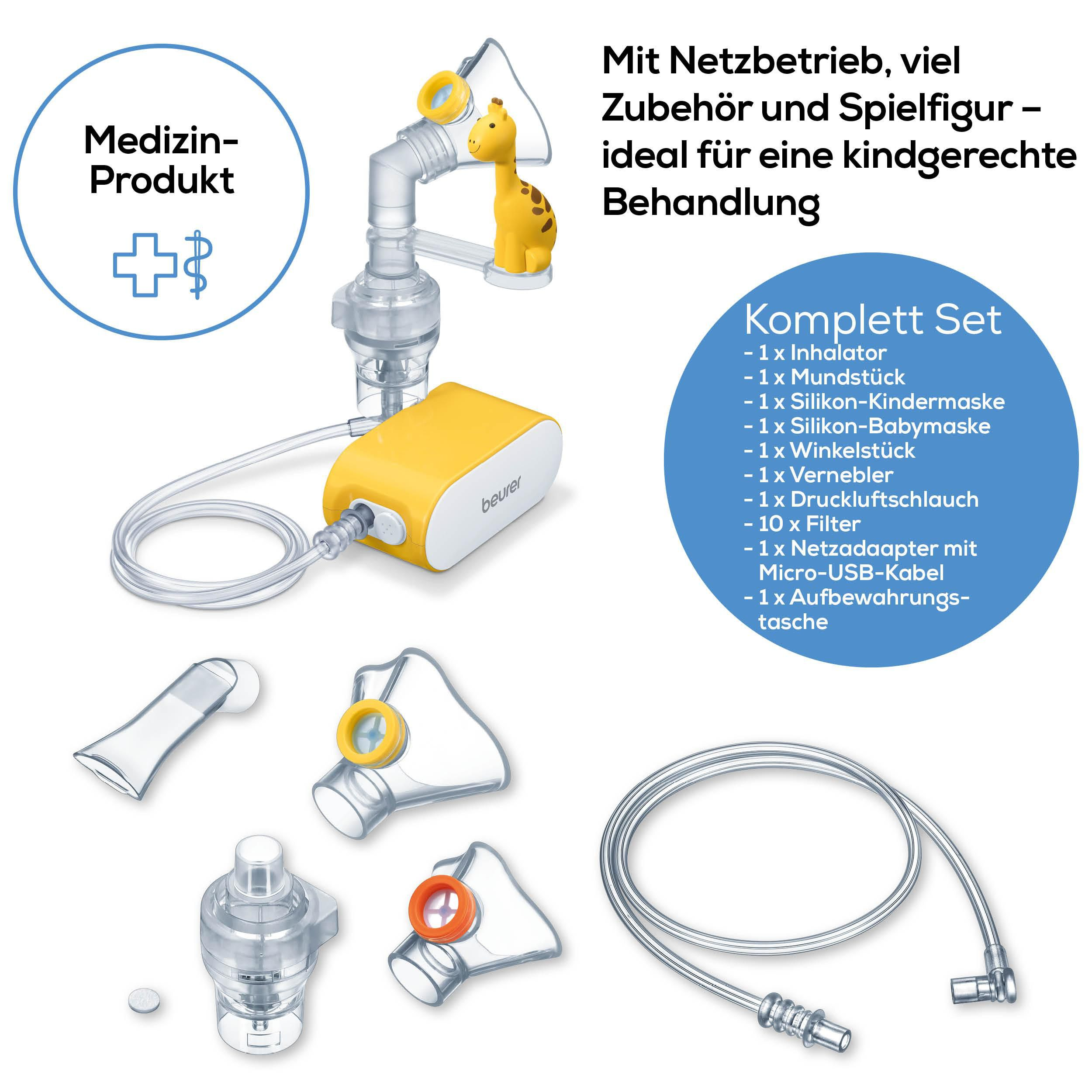 Ein gelber Beurer Inhalator mit Zubehör und Giraffenspielfigur.
