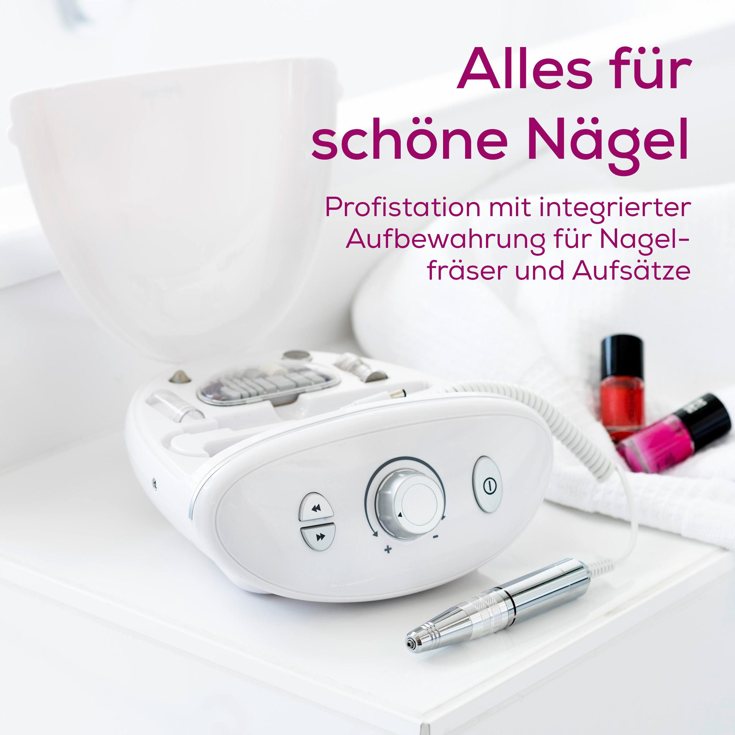 Weiße Profistation für Nägel mit Nagellackflaschen auf weißem Handtuch.