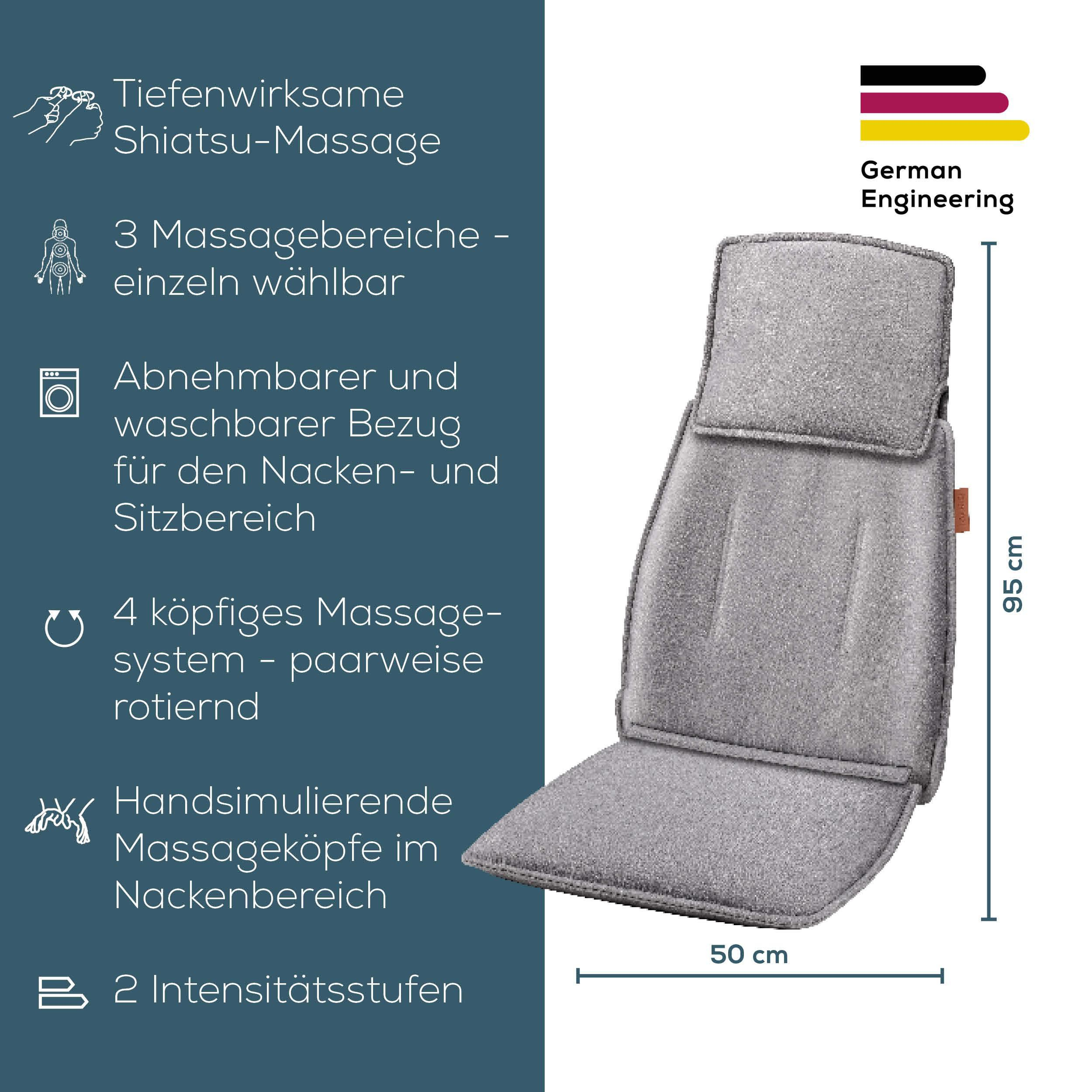 Graue Shiatsu Massageauflage mit Maßen 50x95 cm, deutsche Ingenieurskunst.