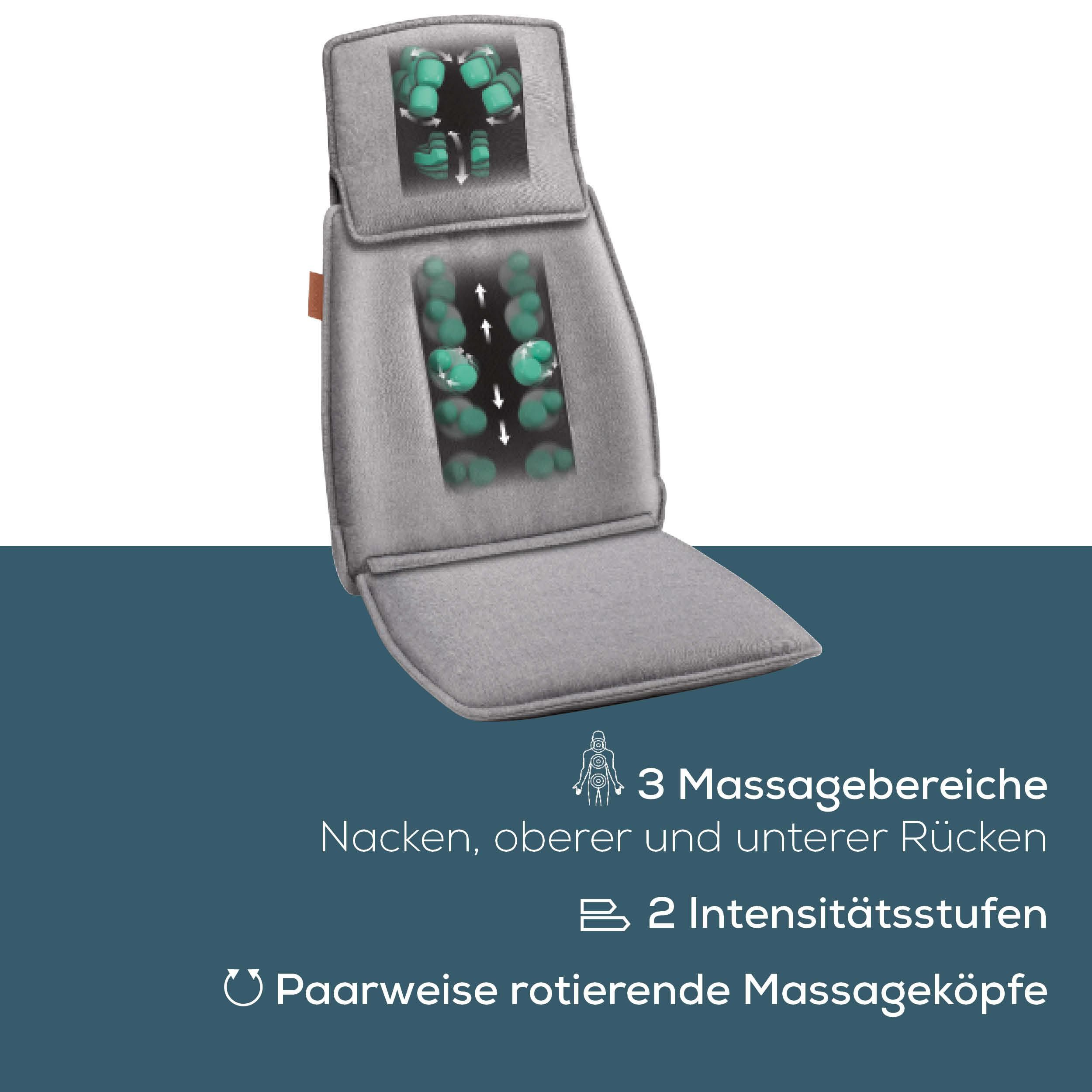 Graue Massageauflage mit grünen Massageköpfen und Pfeilen, die Rotationen zeigen.