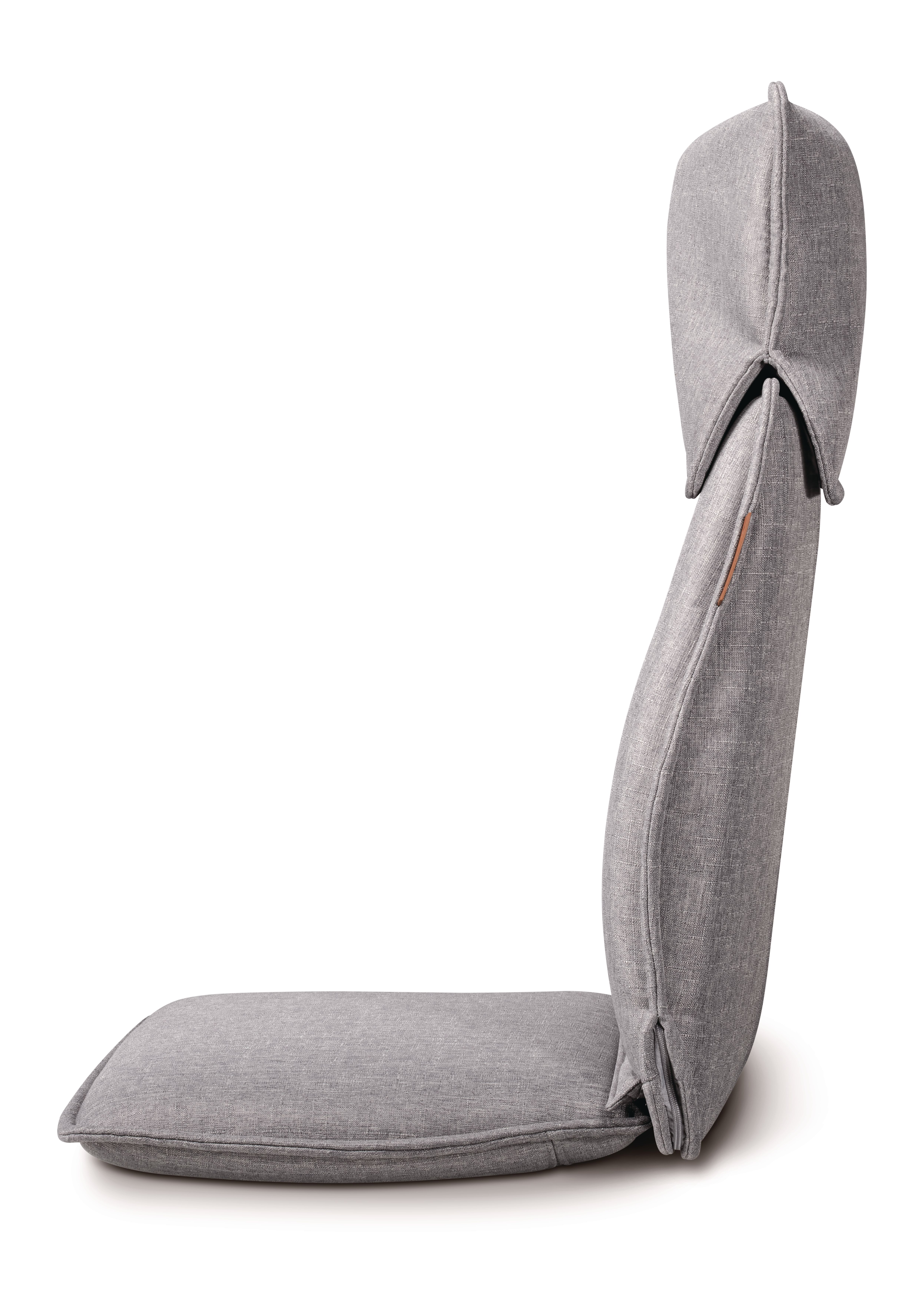 Grauer Stoff-Sitzsack mit verstellbarer Rückenlehne, von der Seite gezeigt.
