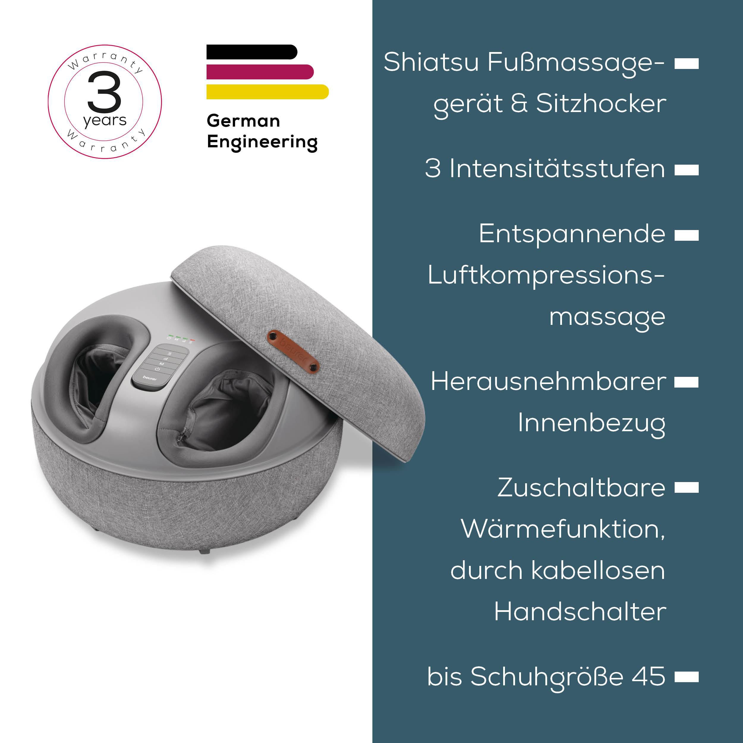 Graues Fußmassagegerät mit abnehmbarem Deckel, 3 Jahre Garantie.