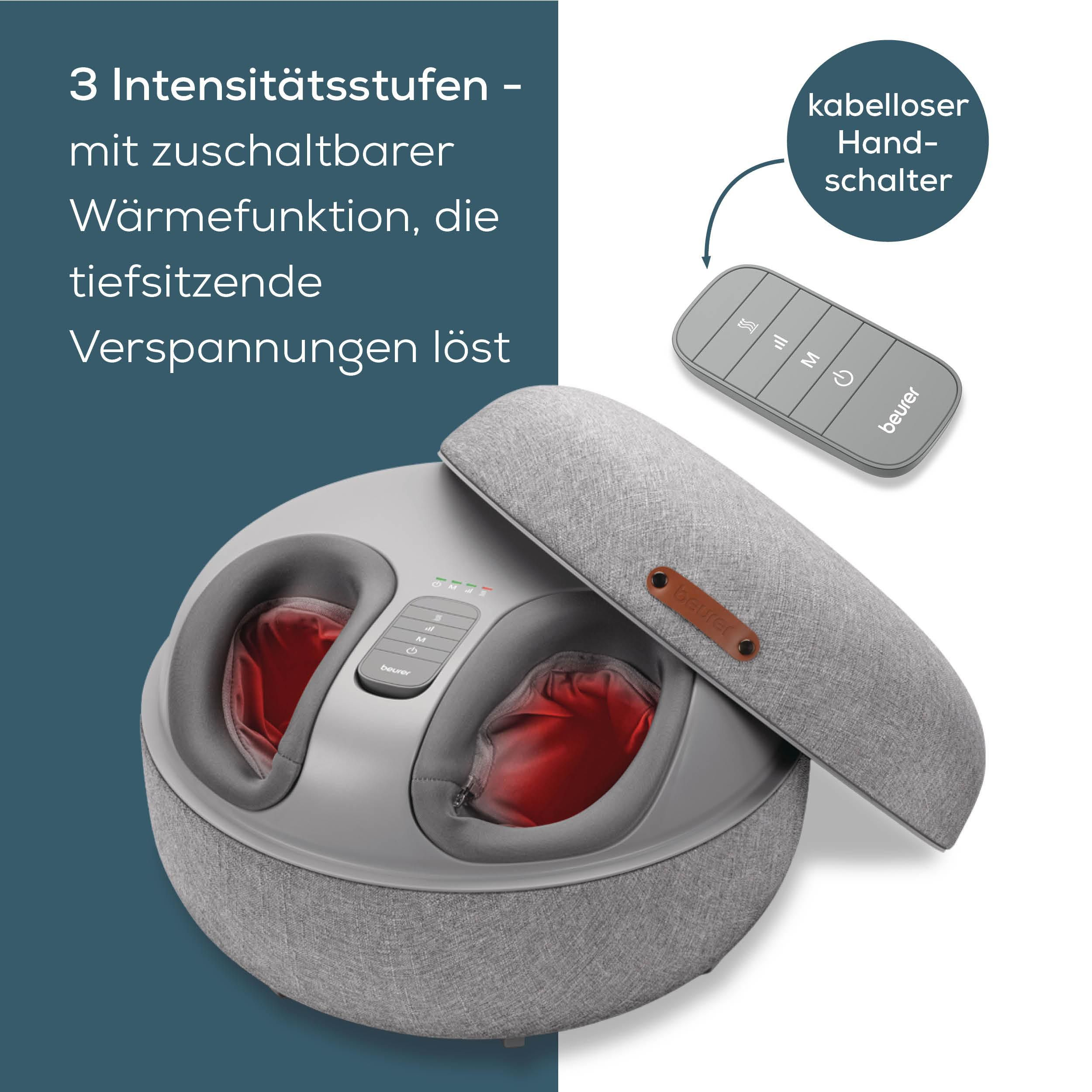 Grauer Fußmassagegerät mit Fernbedienung und Wärmefunktion.