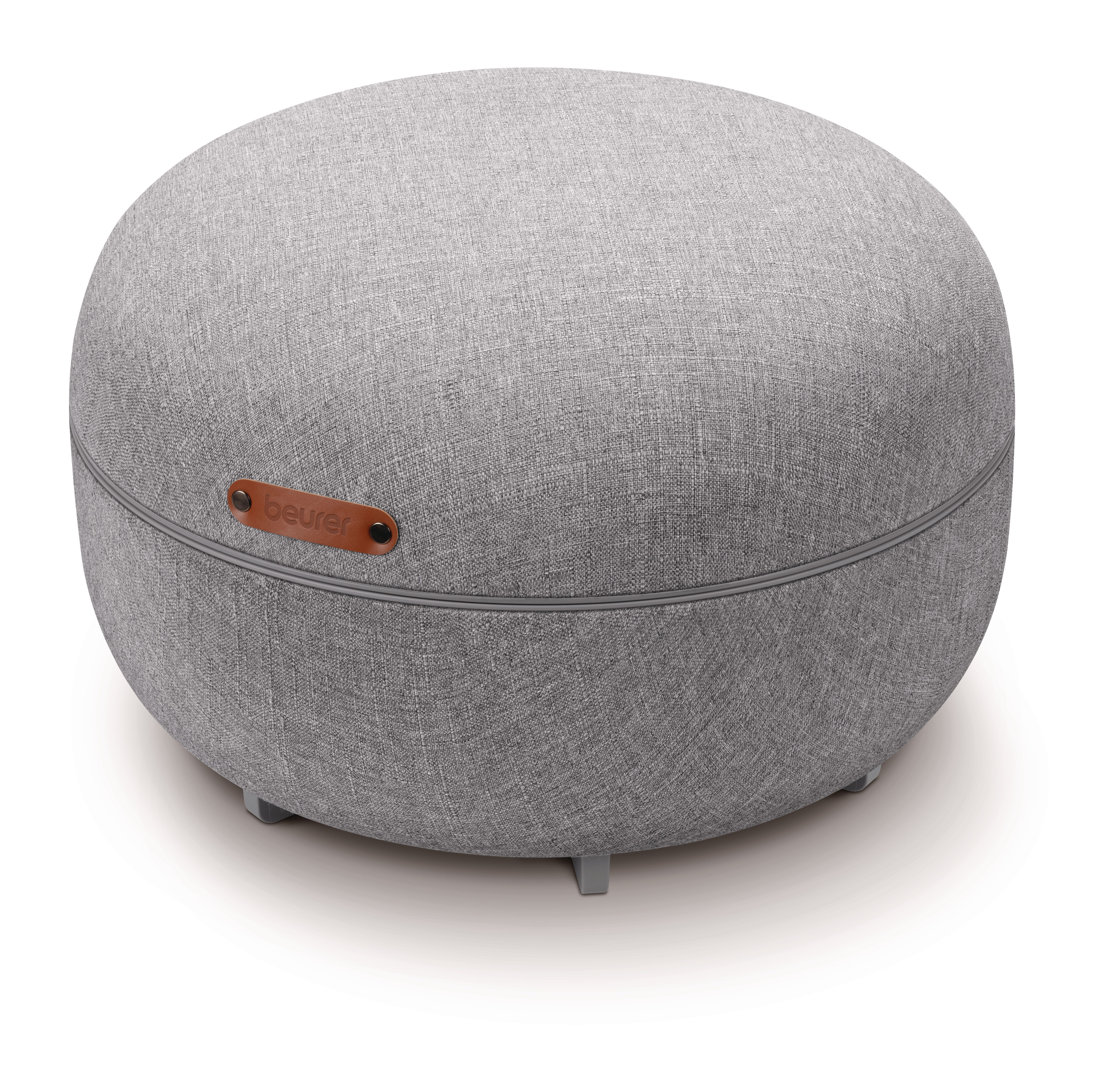 Grauer Hocker mit Lederdetail, auf Beinen stehend.