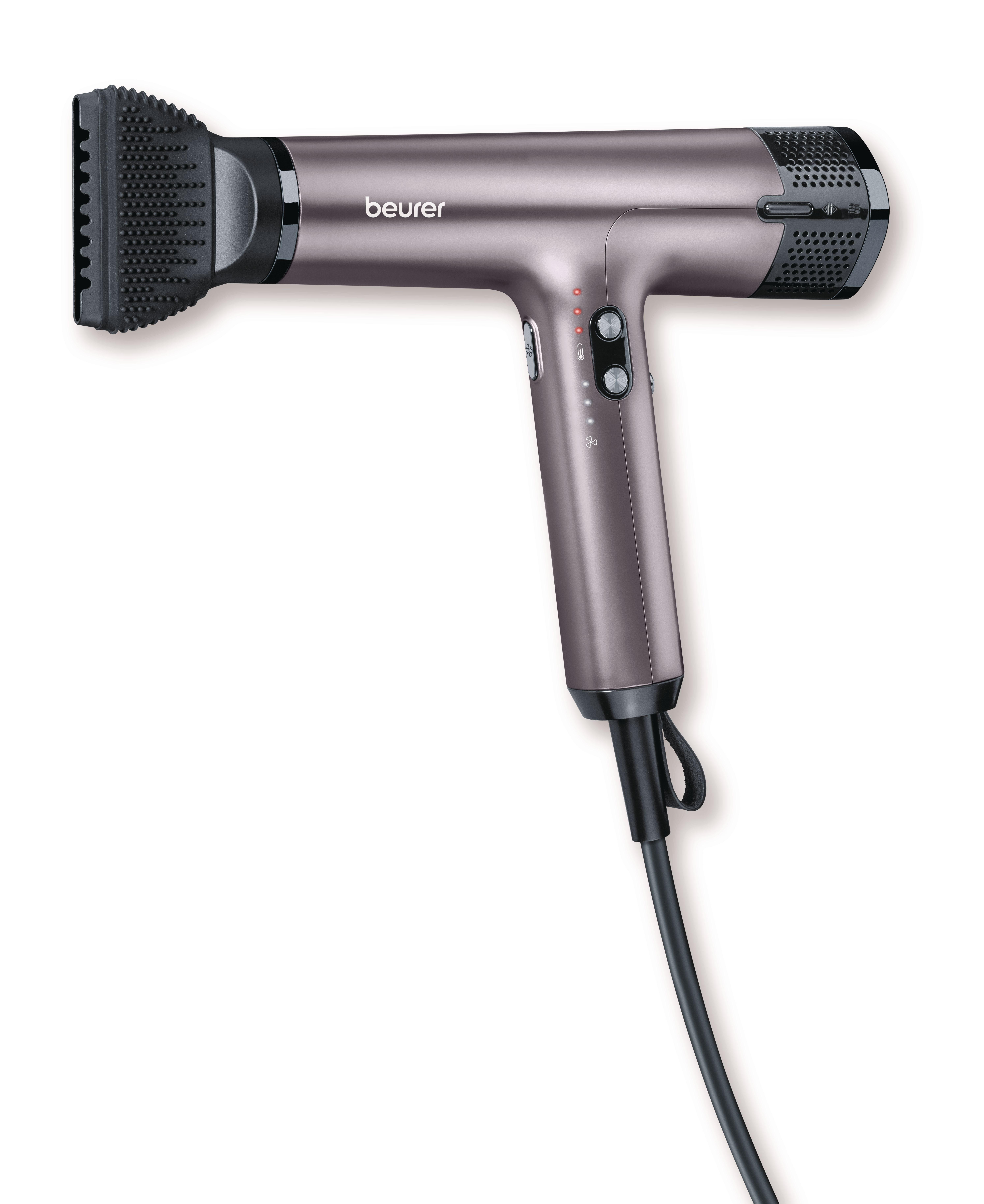 Ein grauer Haartrockner mit schwarzem Aufsatz und Kabel auf weißem Hintergrund.