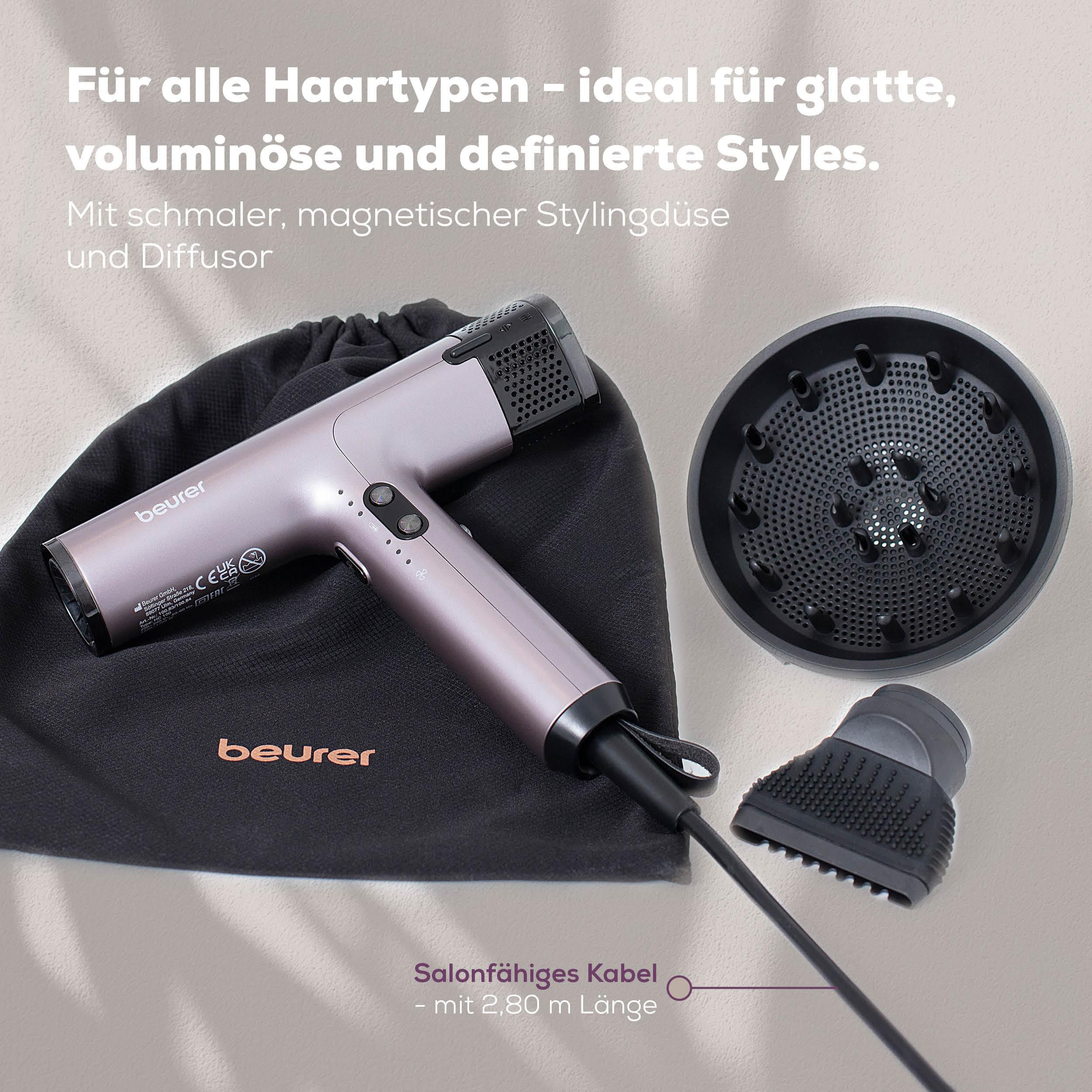 Ein lila Haartrockner mit Zubehör: Diffusor, Stylingdüse und schwarze Tasche.
