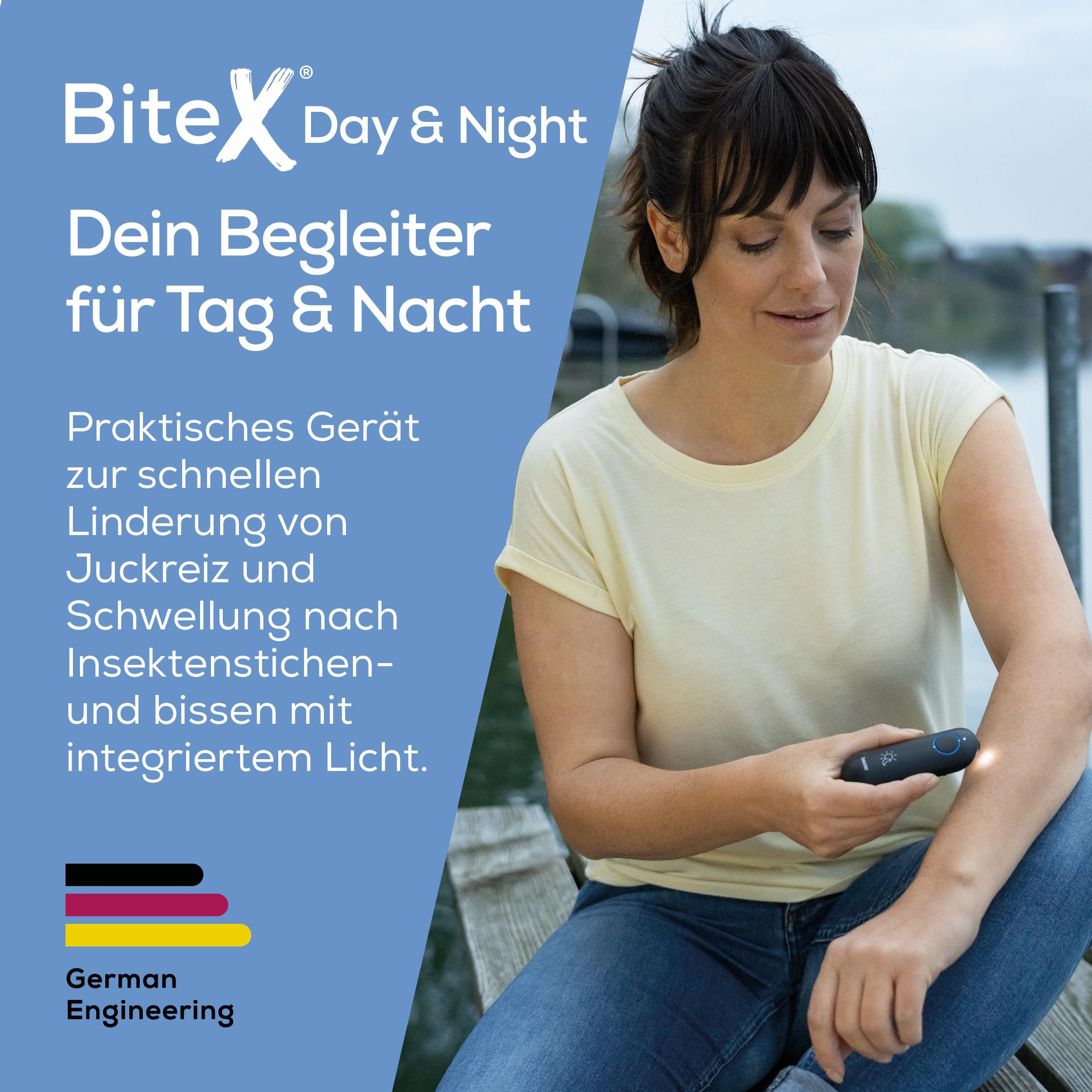 Frau benutzt ein BiteX Gerät am Arm, mit Text über Insektenstiche.