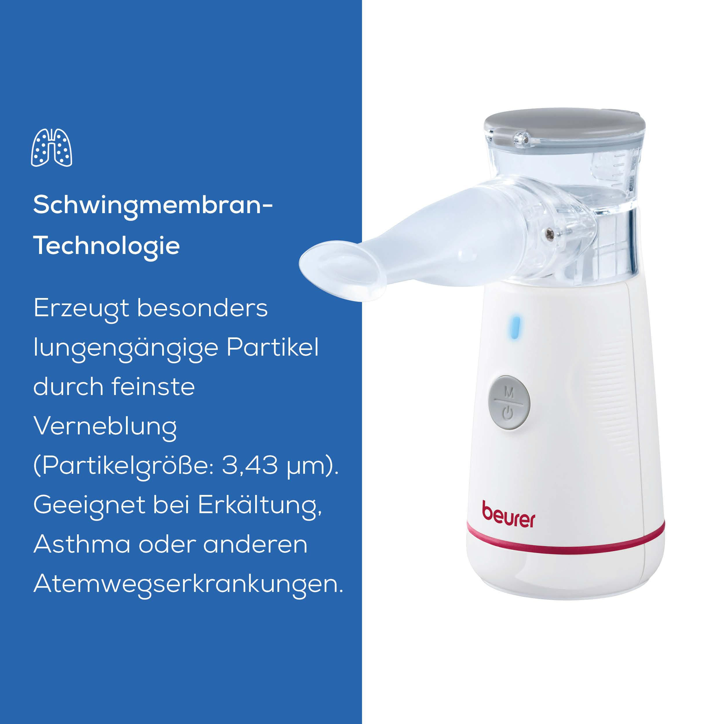 Ein weißer Vernebler mit Beurer-Logo und blauem Licht, daneben Text über Schwingmembran-Technologie.