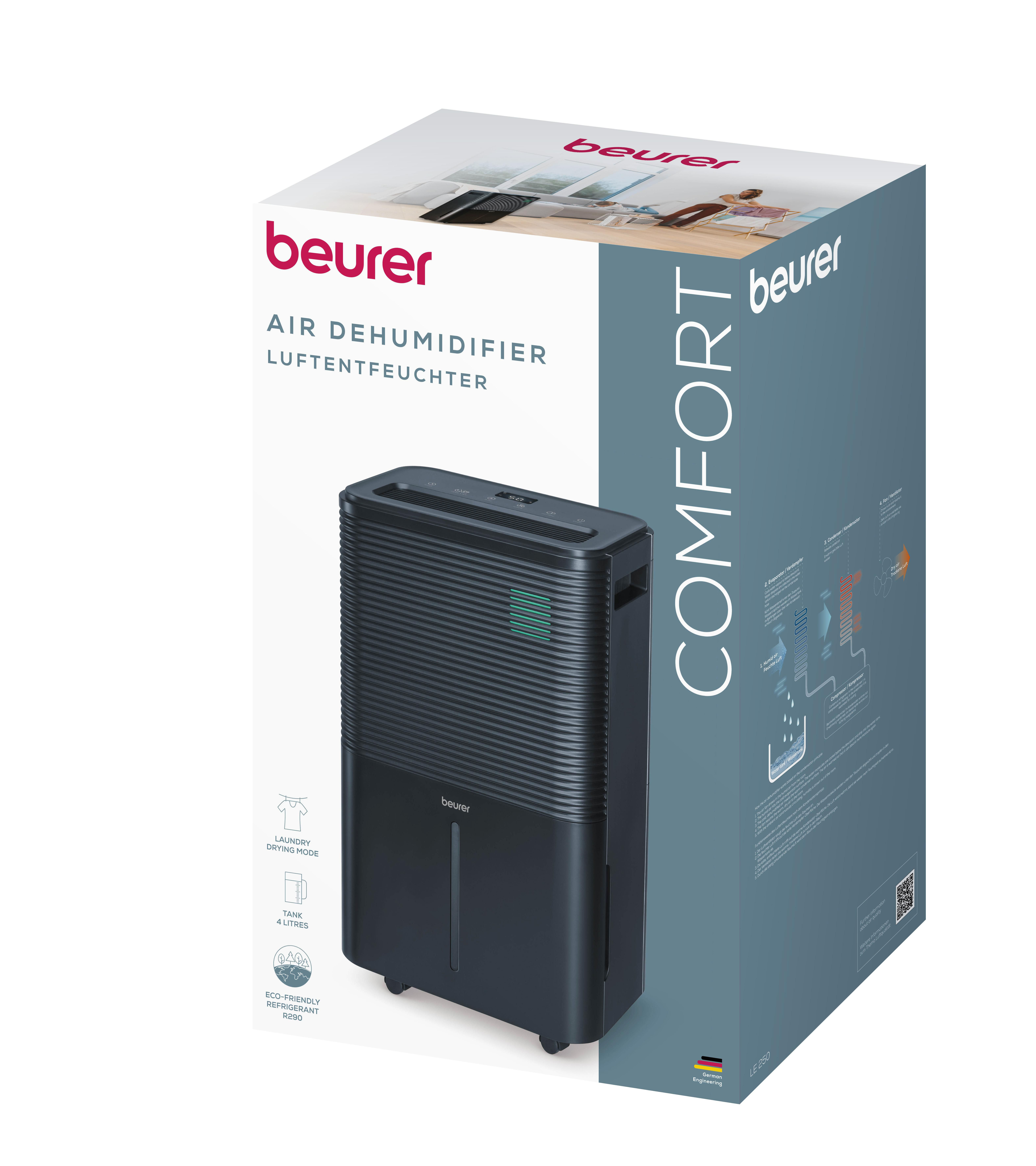 Schwarzer Beurer Luftentfeuchter mit Bedienelementen und Wassertank. "COMFORT" Schriftzug.