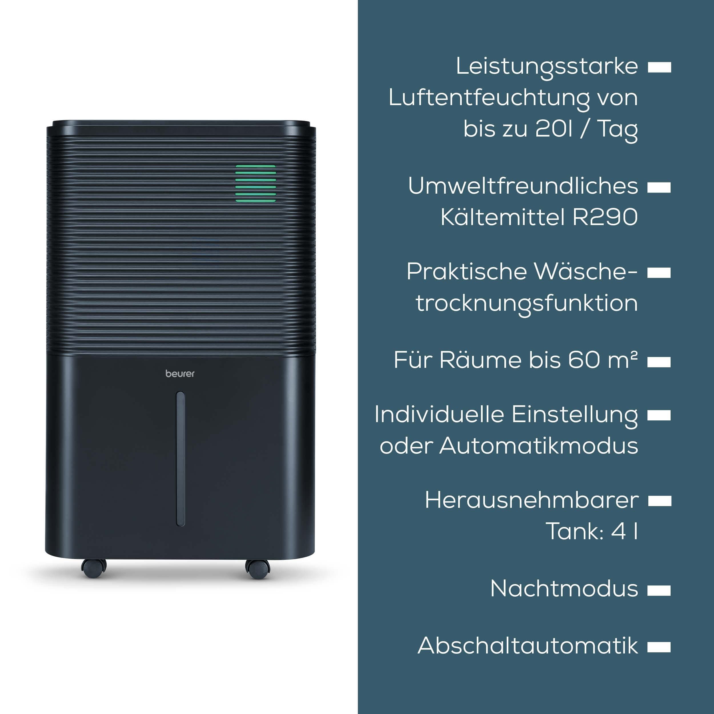 Schwarzer Luftentfeuchter mit Rädern und Infotexten auf Deutsch.