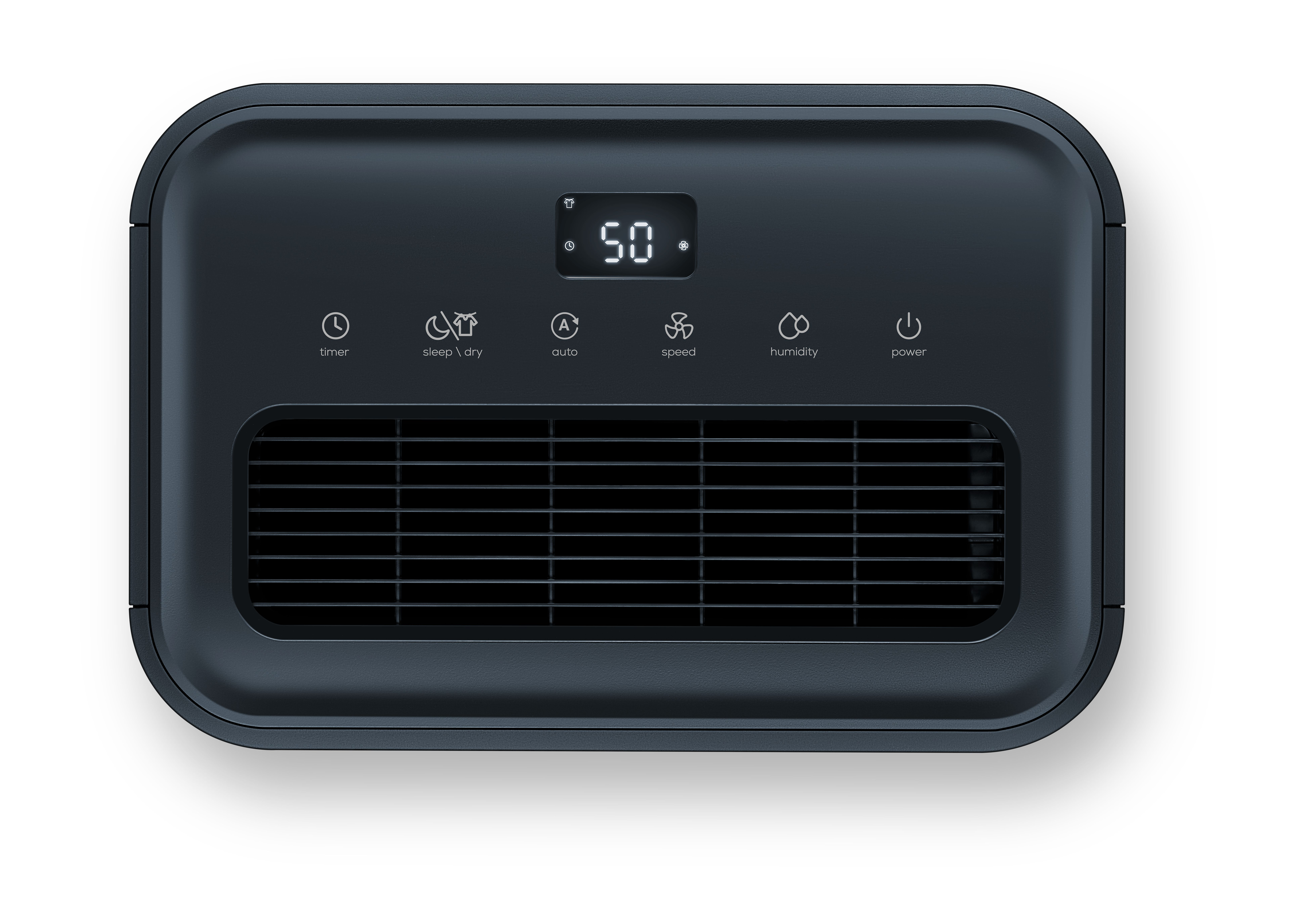 Dunkelgraues Luftentfeuchtergerät mit digitaler Anzeige und Symbolen für Timer, Sleep/Dry, Auto, Lüfter, Feuchtigkeit und Strom.