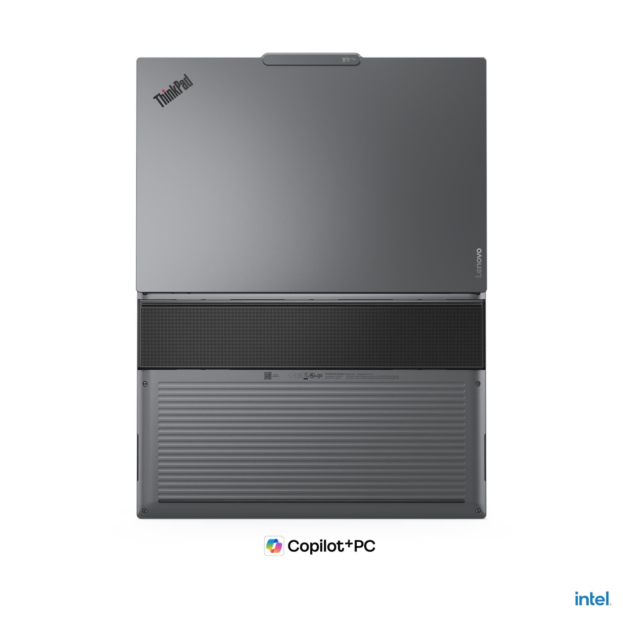 Graues Lenovo ThinkPad Laptop von unten mit Lüftungsschlitzen und Intel-Logo.