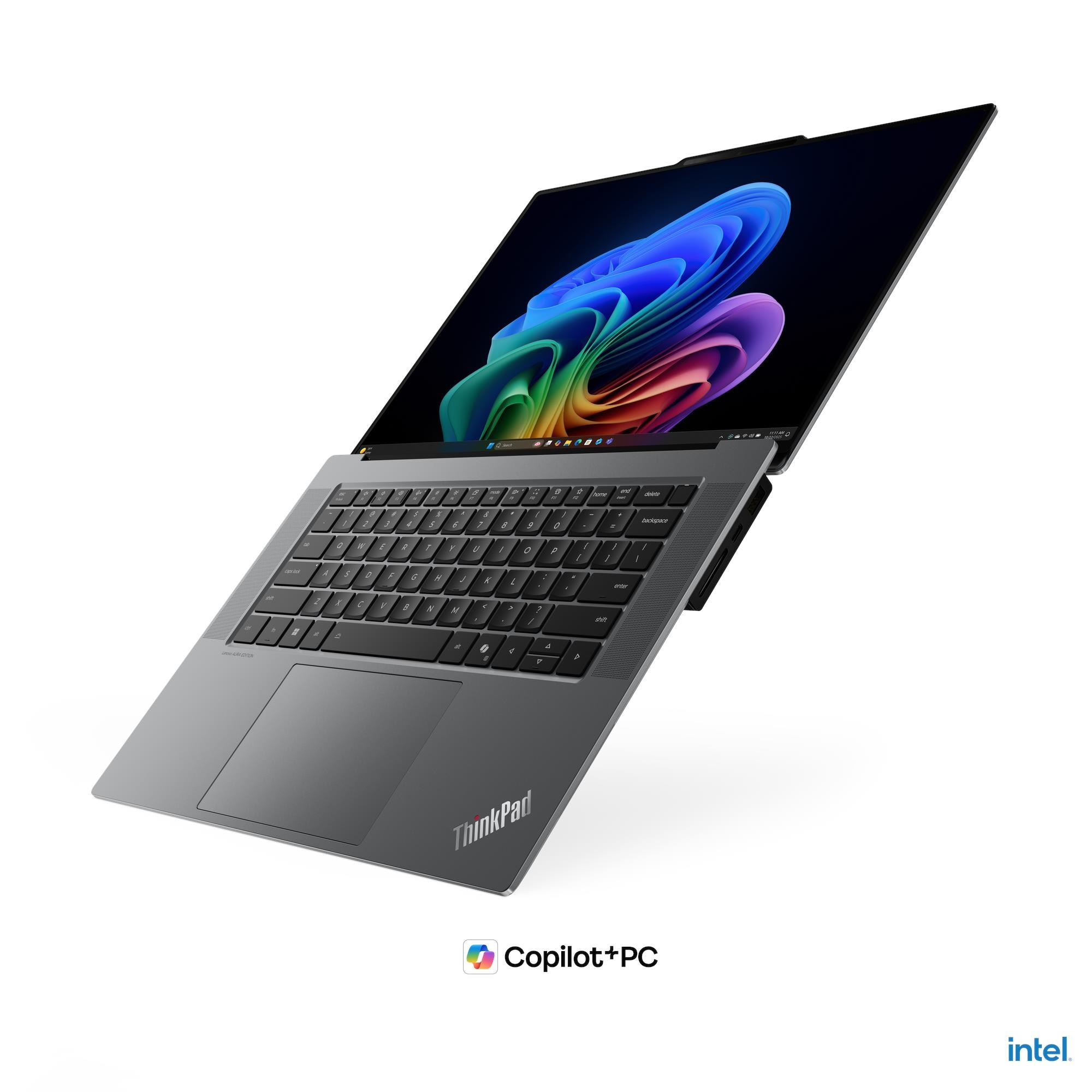 Ein graues ThinkPad-Laptop mit geöffnetem Bildschirm und bunter Hintergrundgrafik.