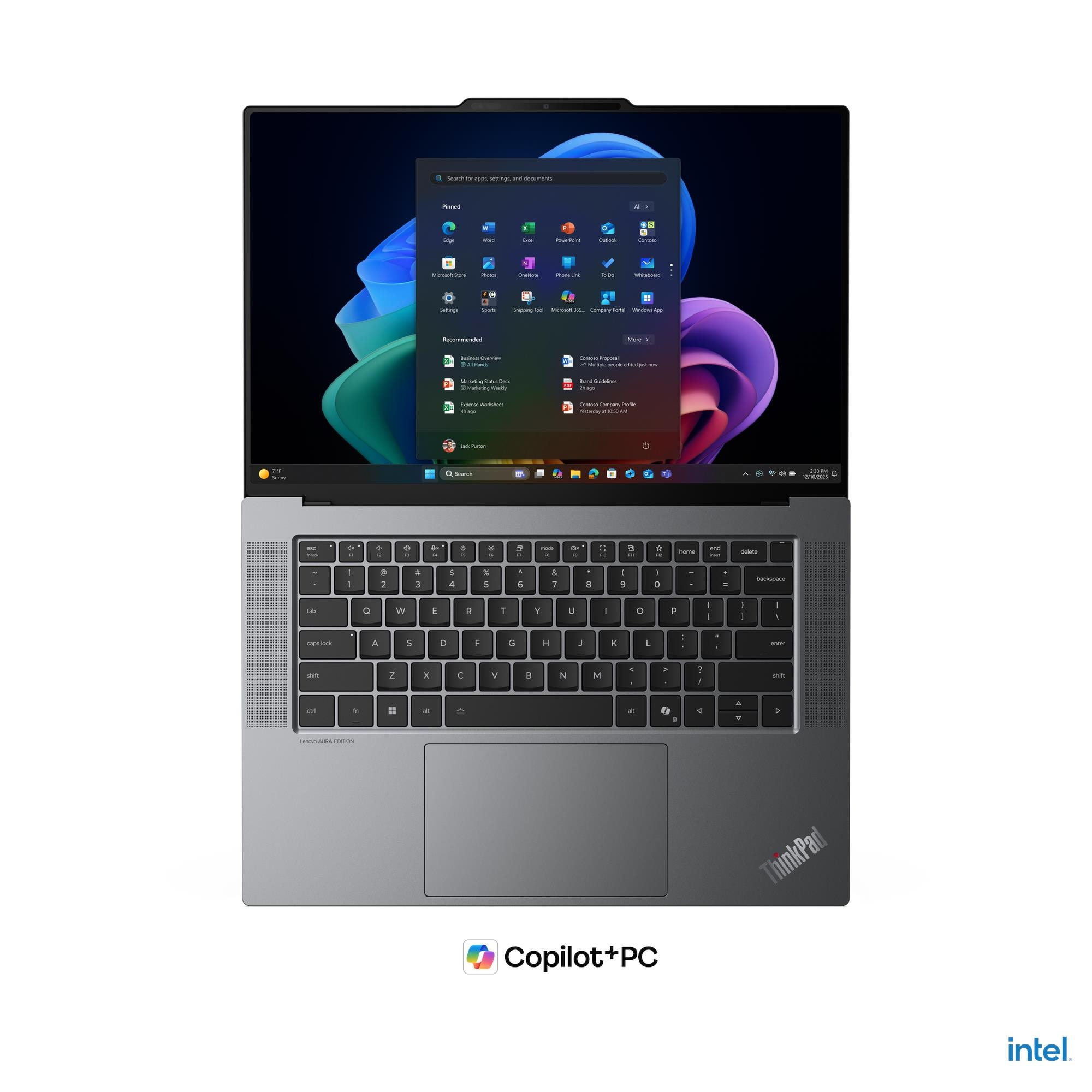 Ein Lenovo ThinkPad Laptop mit Windows 11 Startmenü. Es zeigt Apps und empfohlene Dateien.
